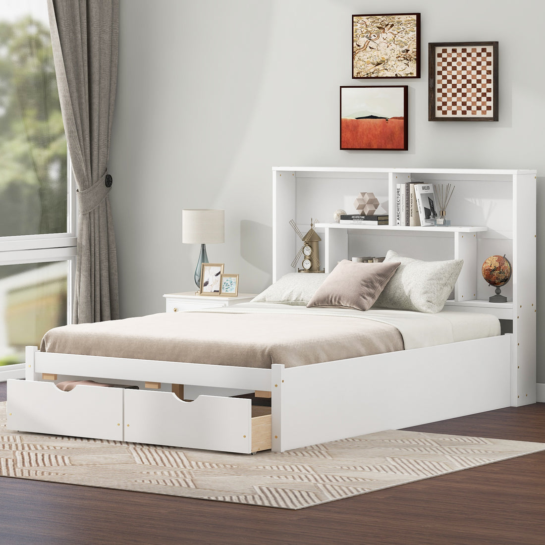 Full Size Platform Bed With Storage Headboard And 2 Drawers, White Box Spring Not Required Full White Wood Bedroom Bed Frame Solid Wood Mdf