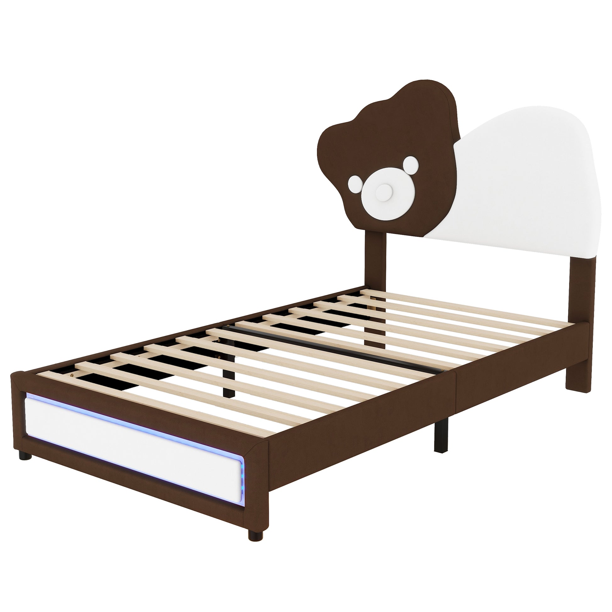 Twin Size Upholstered Platform Bed With Bear Shaped Headboard, Led Light Strips, White Brown Box Spring Not Required Twin Brown White Wood Bedroom Bed Frame Upholstered