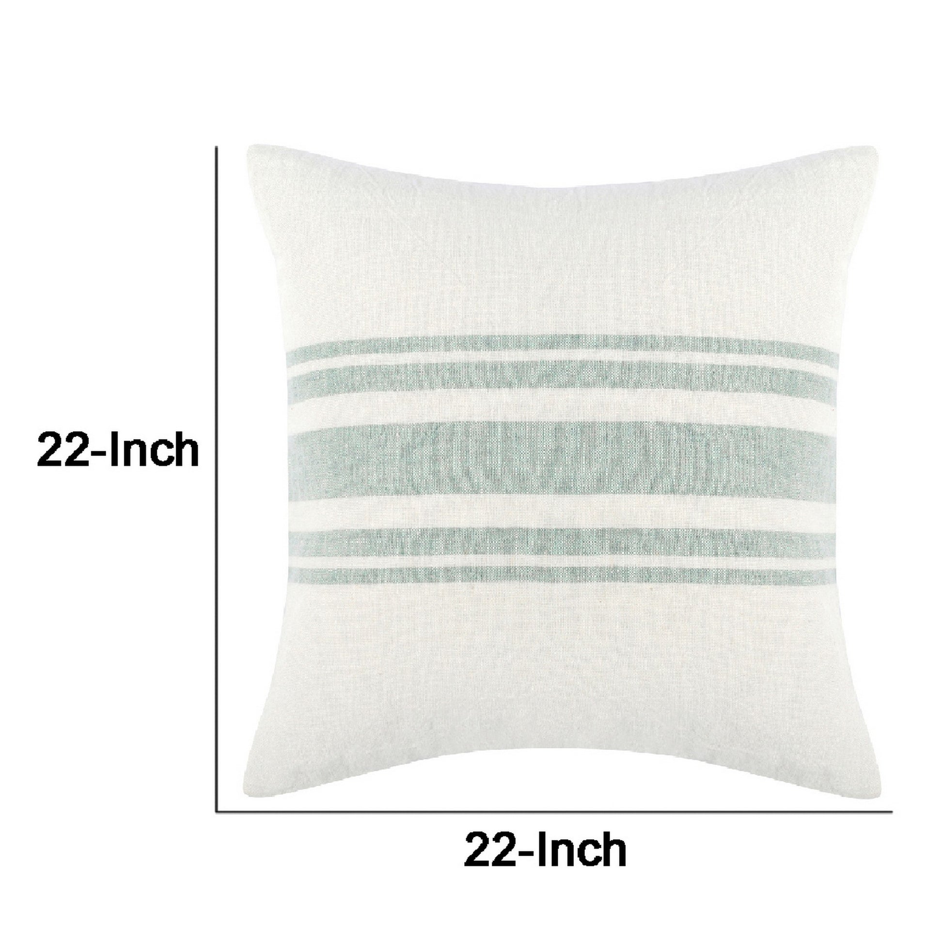 22 Inch Square Linen Accent Throw Pillow, Stripe Design, Eucalyptus, White White Green Wood