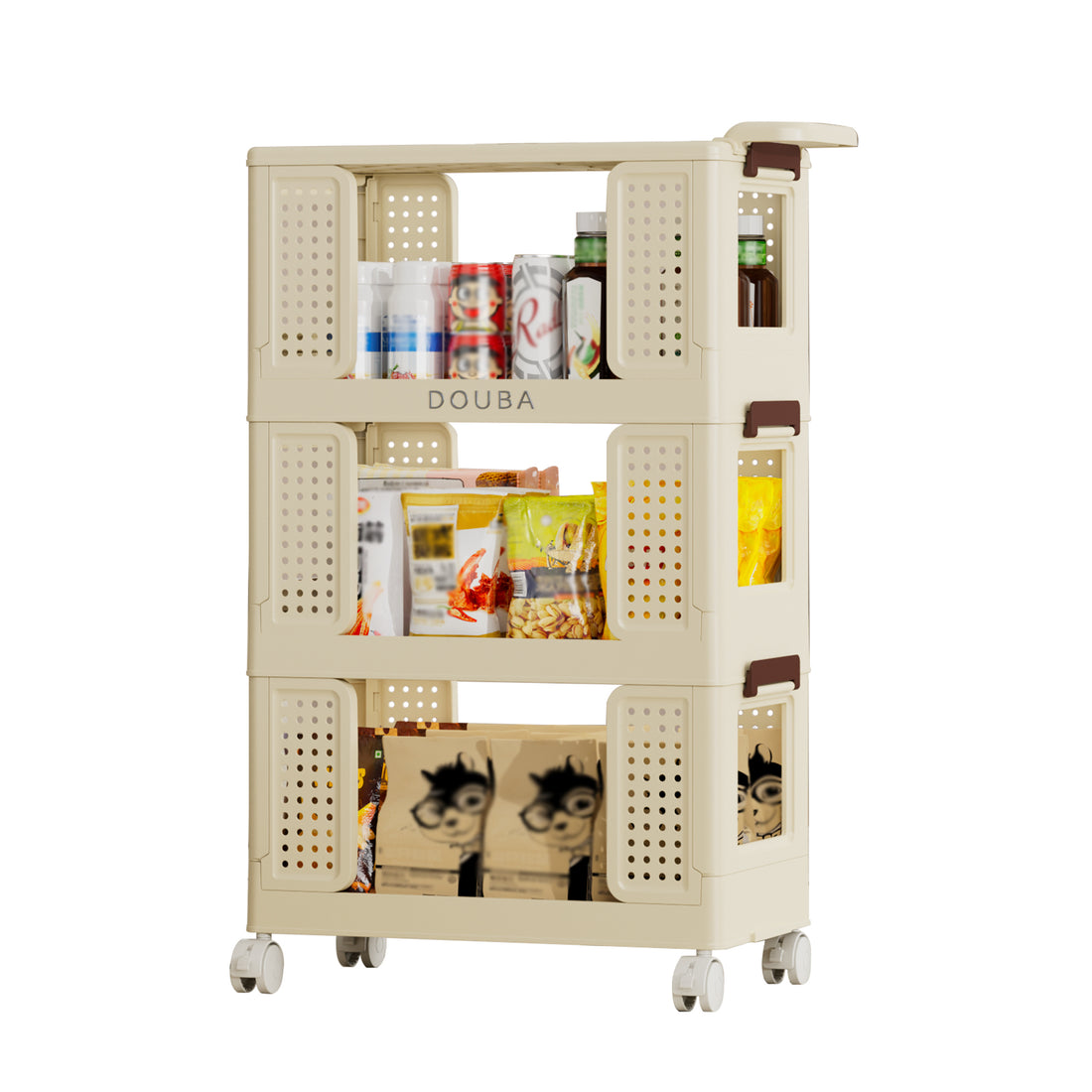 3 Tier Kitchen Storage Cart,Multifunction Utility Rolling Storage Organizer,Mobile Shelving Unit Cart With Lockable Wheels For Bathroom,Laundry,Living Room, Beige Cream Color Kitchen American Design Polypropylene