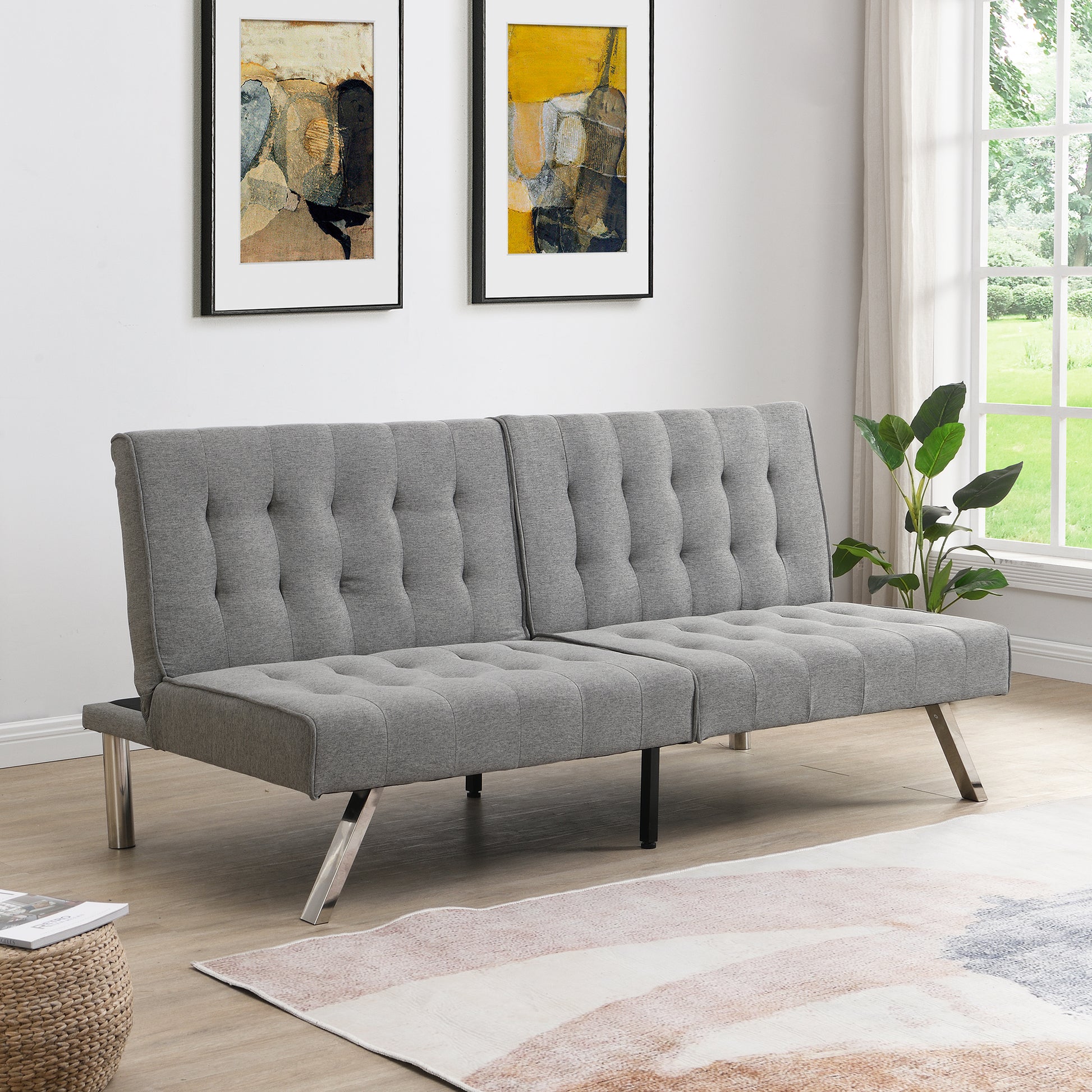 Wood Frame, Stainless Leg, Futon, Sofa Bed Grey Grey Fabric 2 Seat