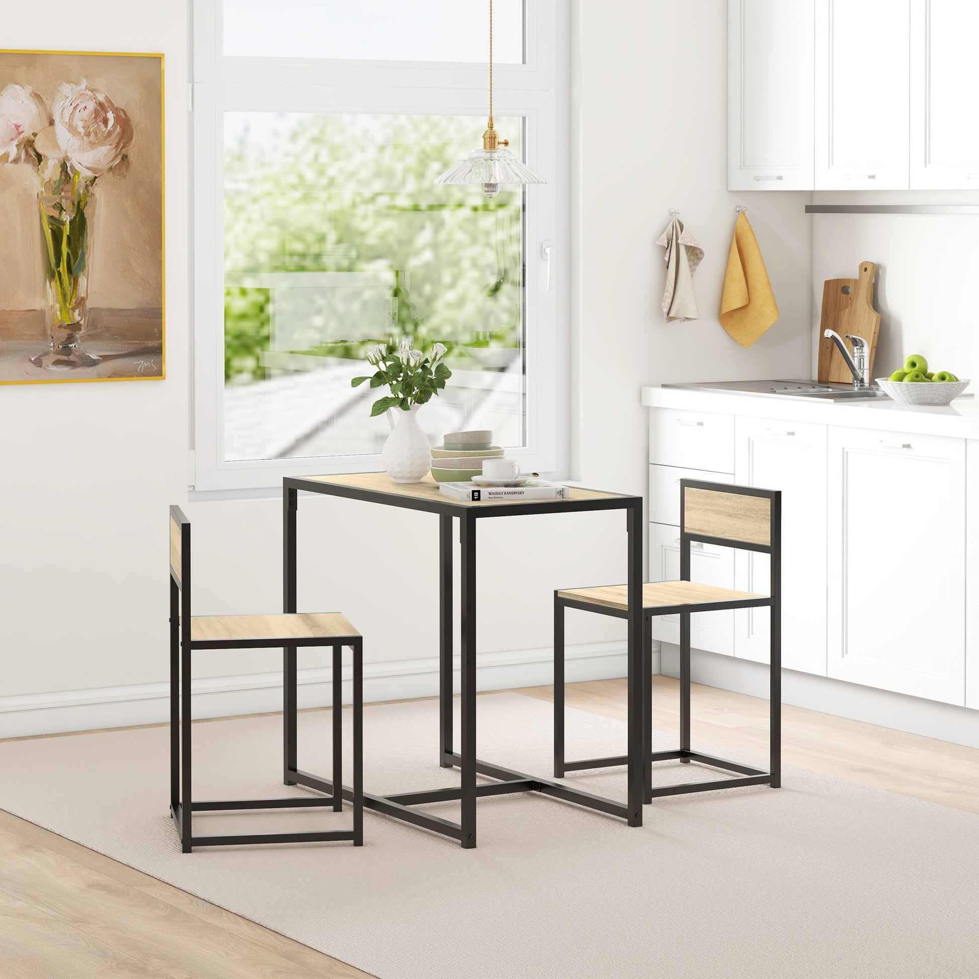 Homcom 3 Piece Industrial Dining Table Set For 2, Kitchen Table And Chairs, Dining Room Sets For Small Spaces, Oak Oak Mdf