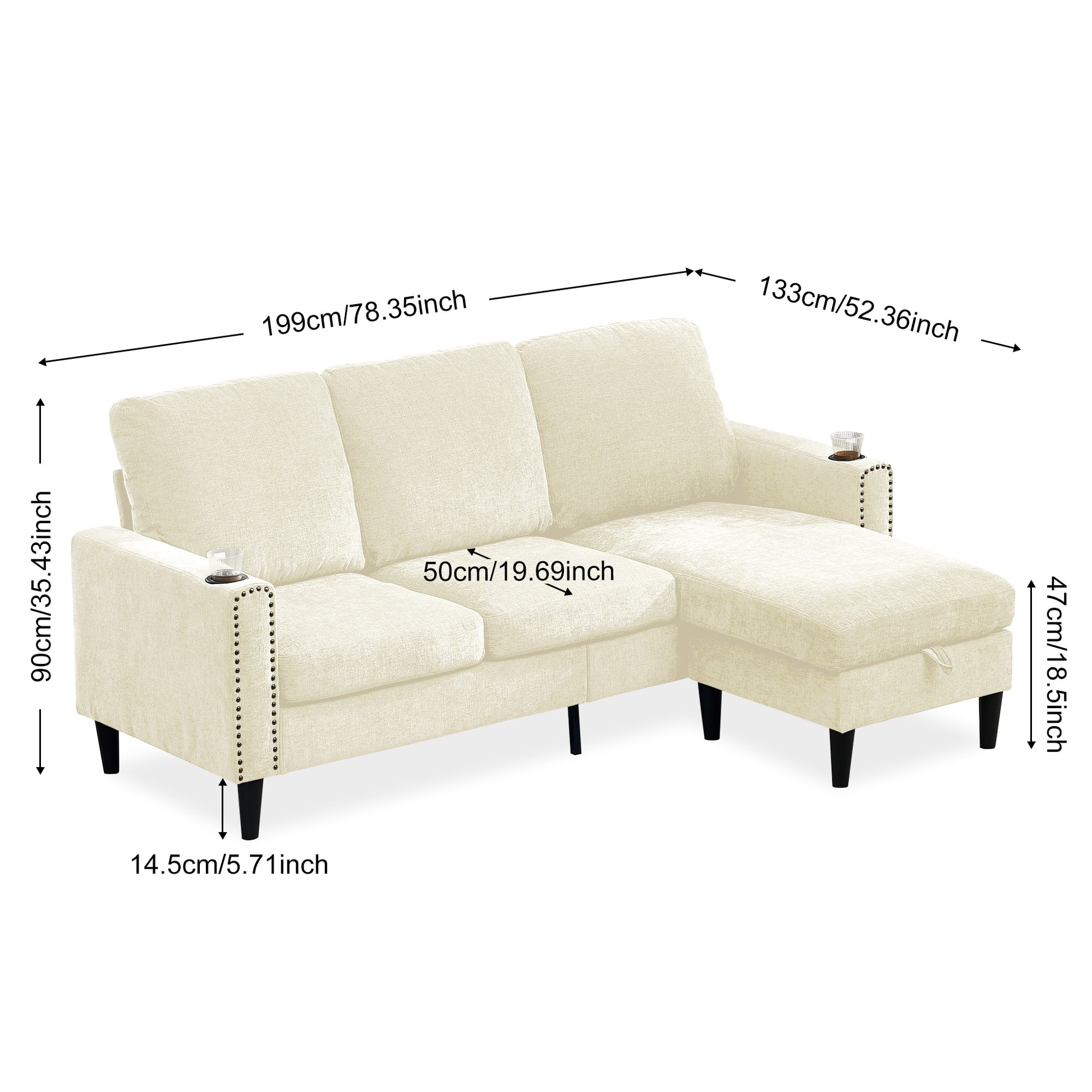 Modern Design Chenille 3 Seat L Shape Sectional Sofa With Storage Chaise For Apartment, Studio, Office,Living Room,L Shape Off White Off White Chenille Metal Primary Living Space Soft Modern Foam