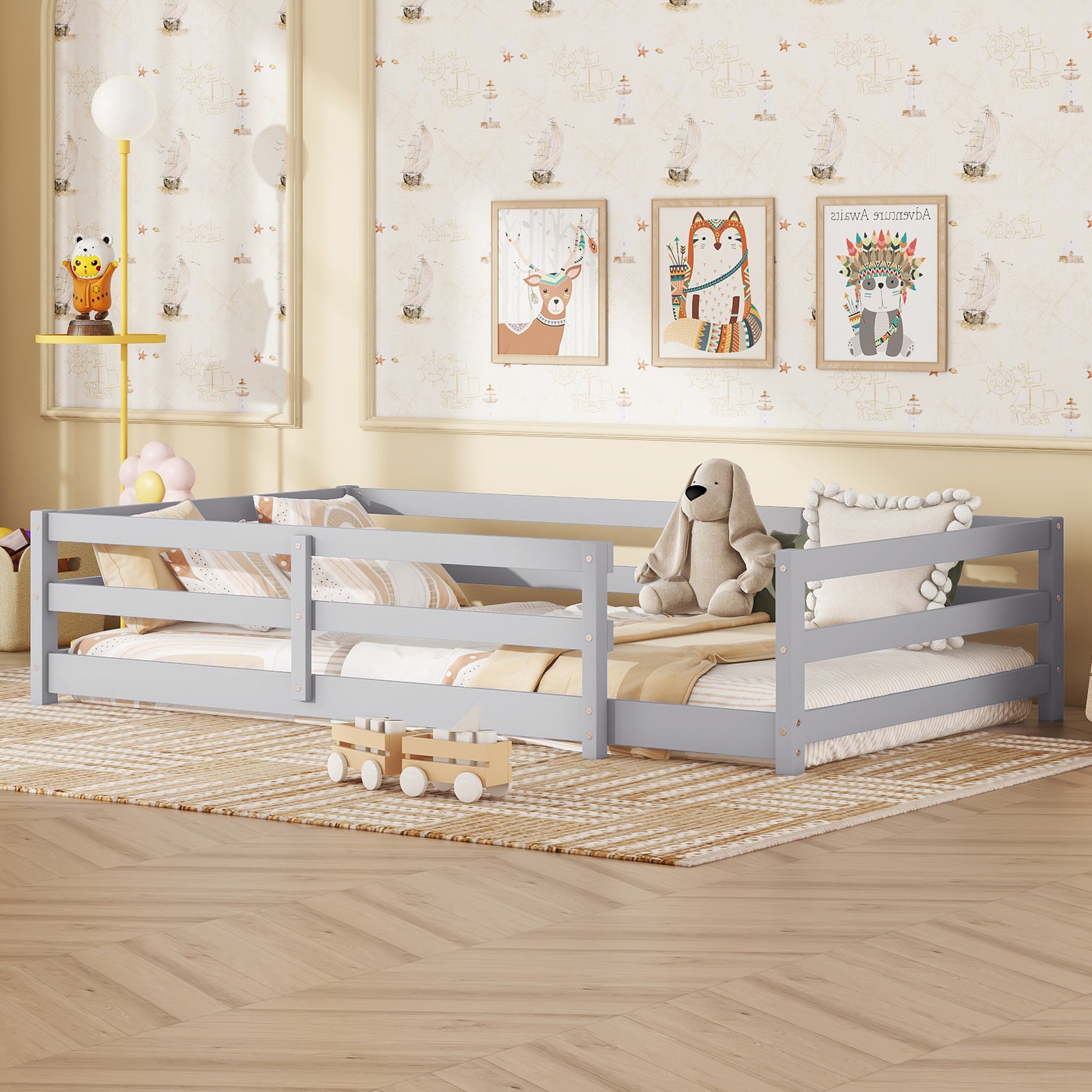 Twin Size Floor Bed, Montessori Floor Bed With Fence, Kids Montessori Bed Twin Size, Wood Montessori Floor Bed For Kids, Girls, Boys Gray Grey Wood Metal