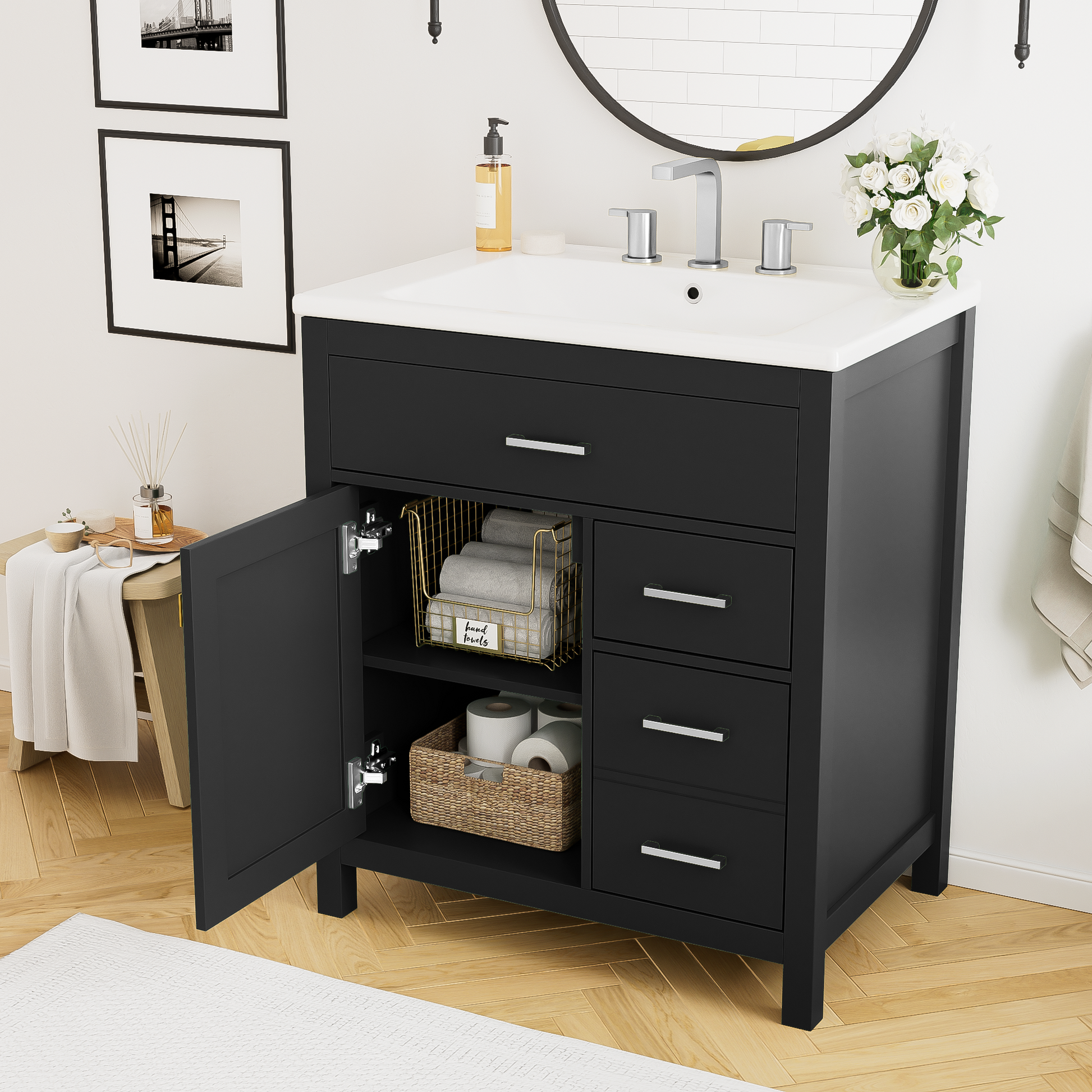 30 Inch Black Bathroom Vanity With Ceramic Sink And Large Storage Ideal Choice For Small Bathrooms Black Bathroom Solid Wood Mdf