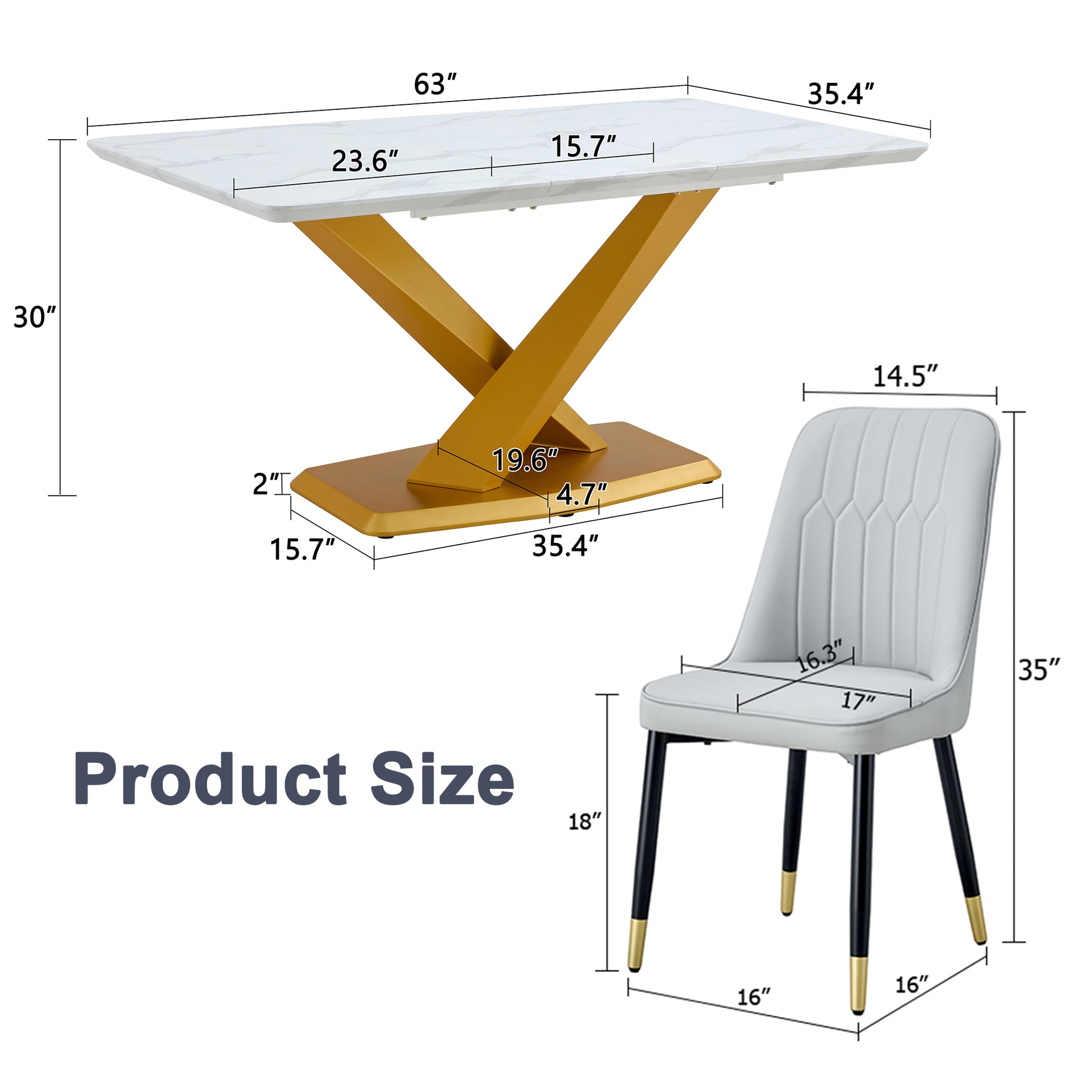 Table And Chair Set.The Table Is Equipped With A Marble Patterned Mdf Tabletop And Gold Table Legs.Paired With 4 Light Gray Chairs With Pu Cushions And Black Metal Legs. Gold,Light Gray Seats 4 Mdf