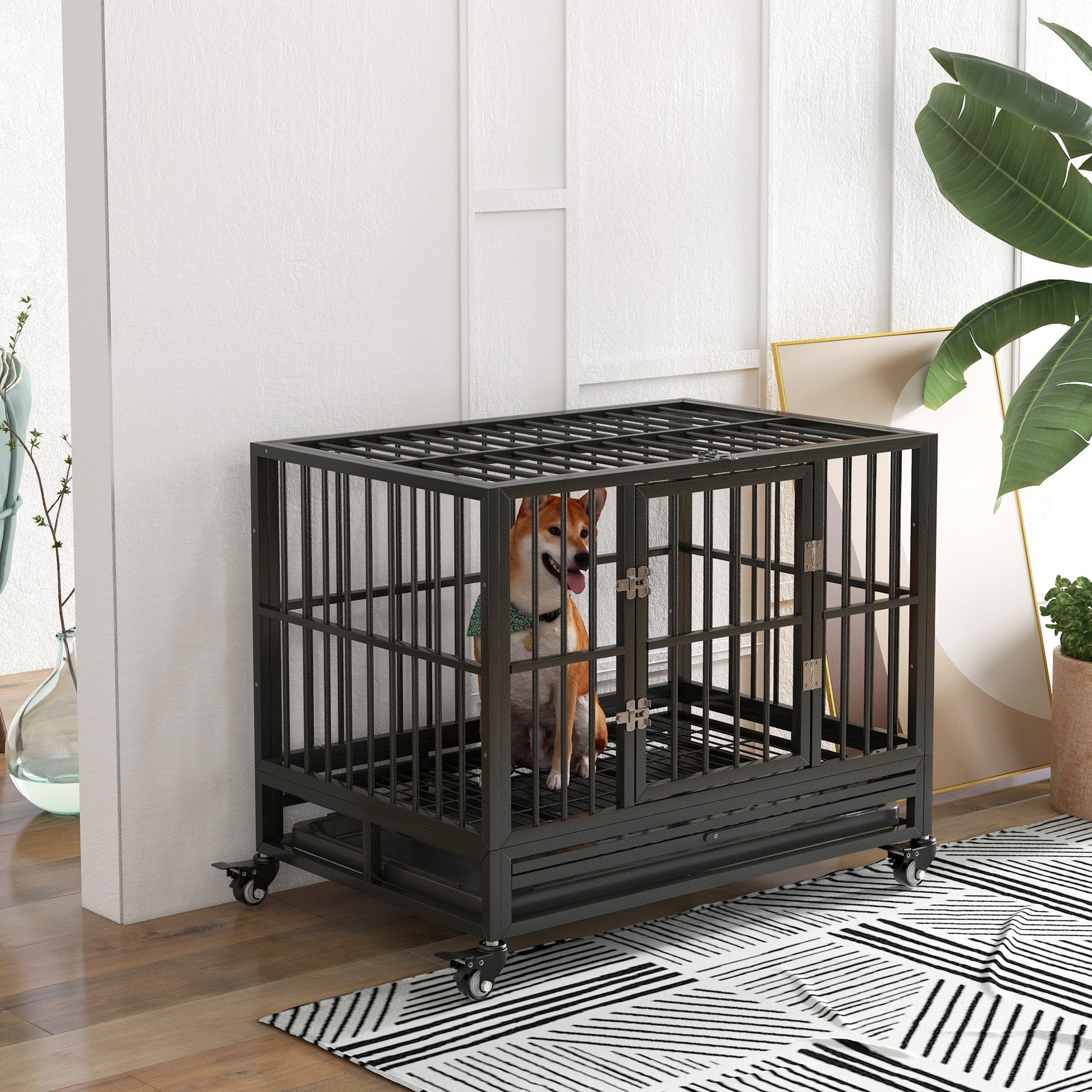 Pawhut 36" Heavy Duty Dog Crate Metal Cage Kennel With Lockable Wheels, Double Door And Removable Tray, Gray Grey Steel