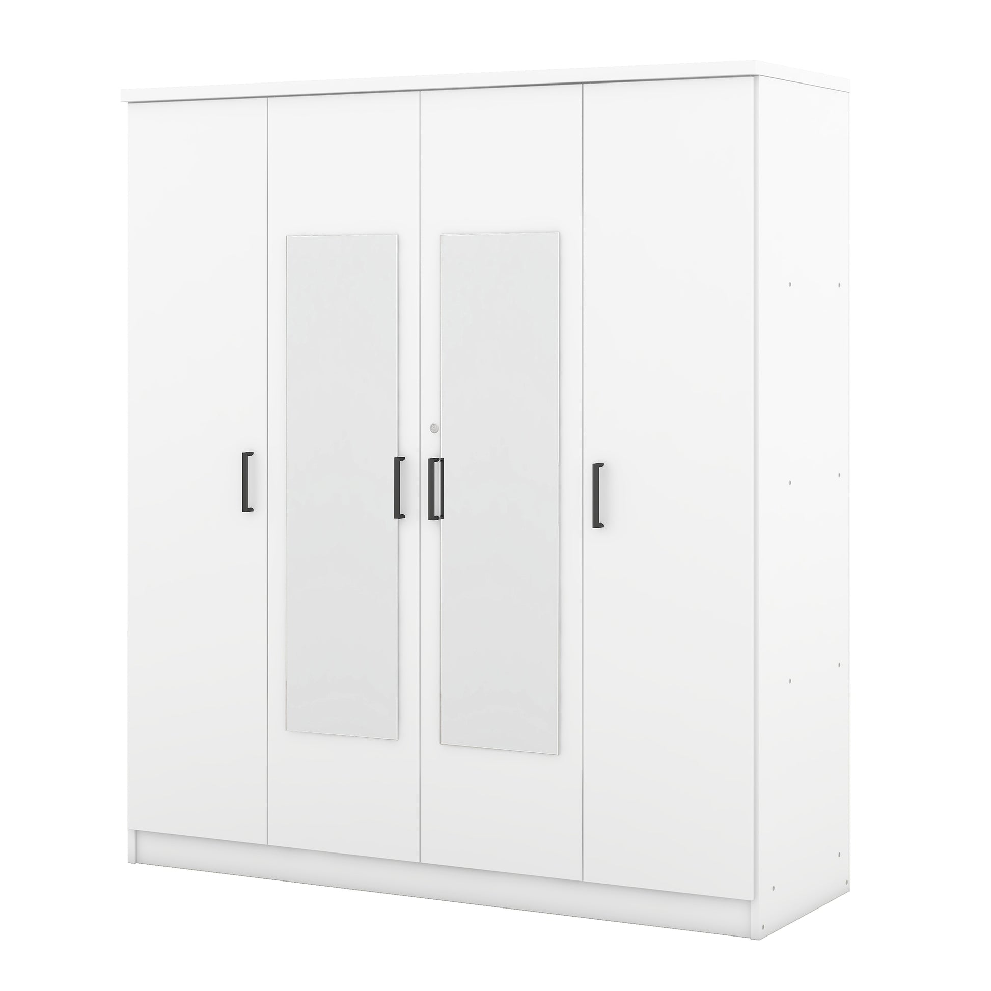 4 Door Mirror Wardrobe With Shelves, White White Plywood