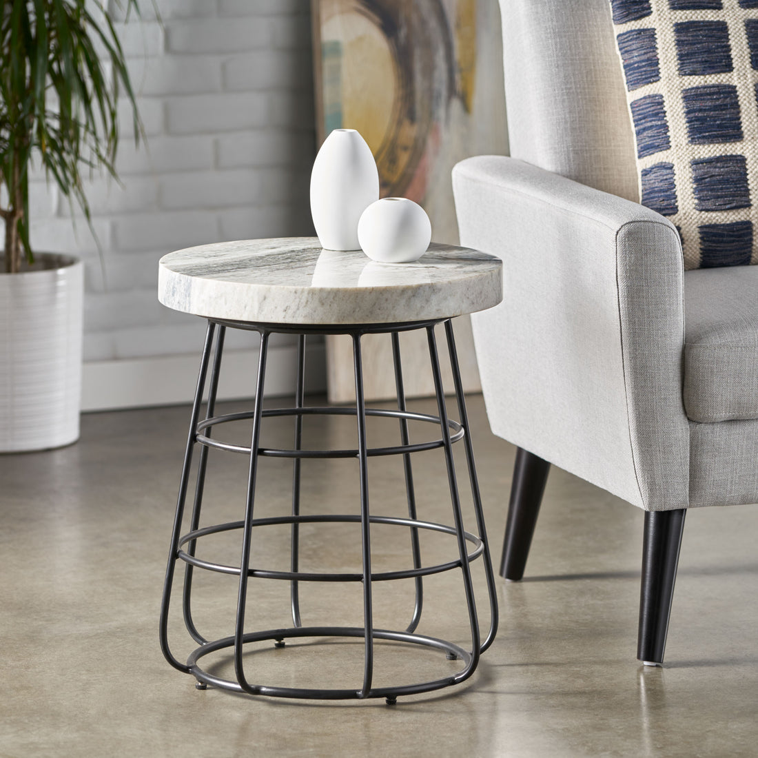 Side Table Black White Marble Metal