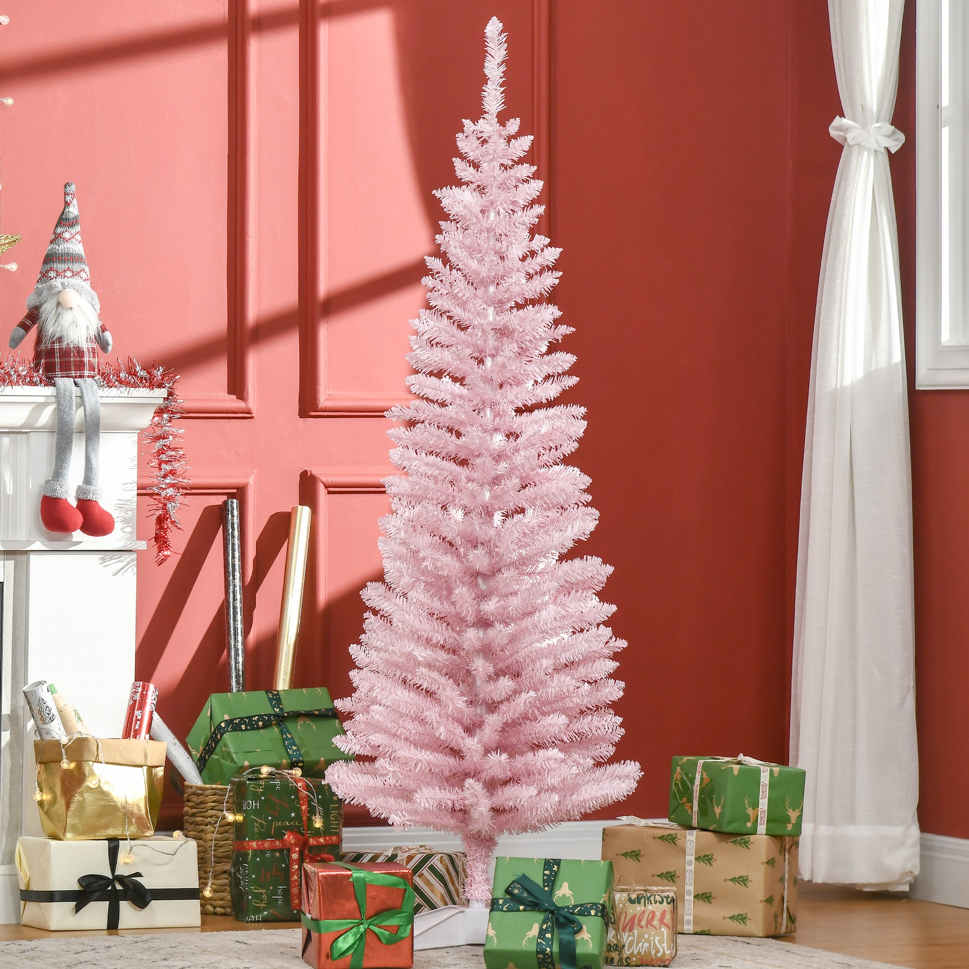 Homcom 5' Artificial Pencil Christmas Tree, Slim Xmas Tree With 294 Realistic Branch Tips And Plastic Stand, Pink Pink Plastic