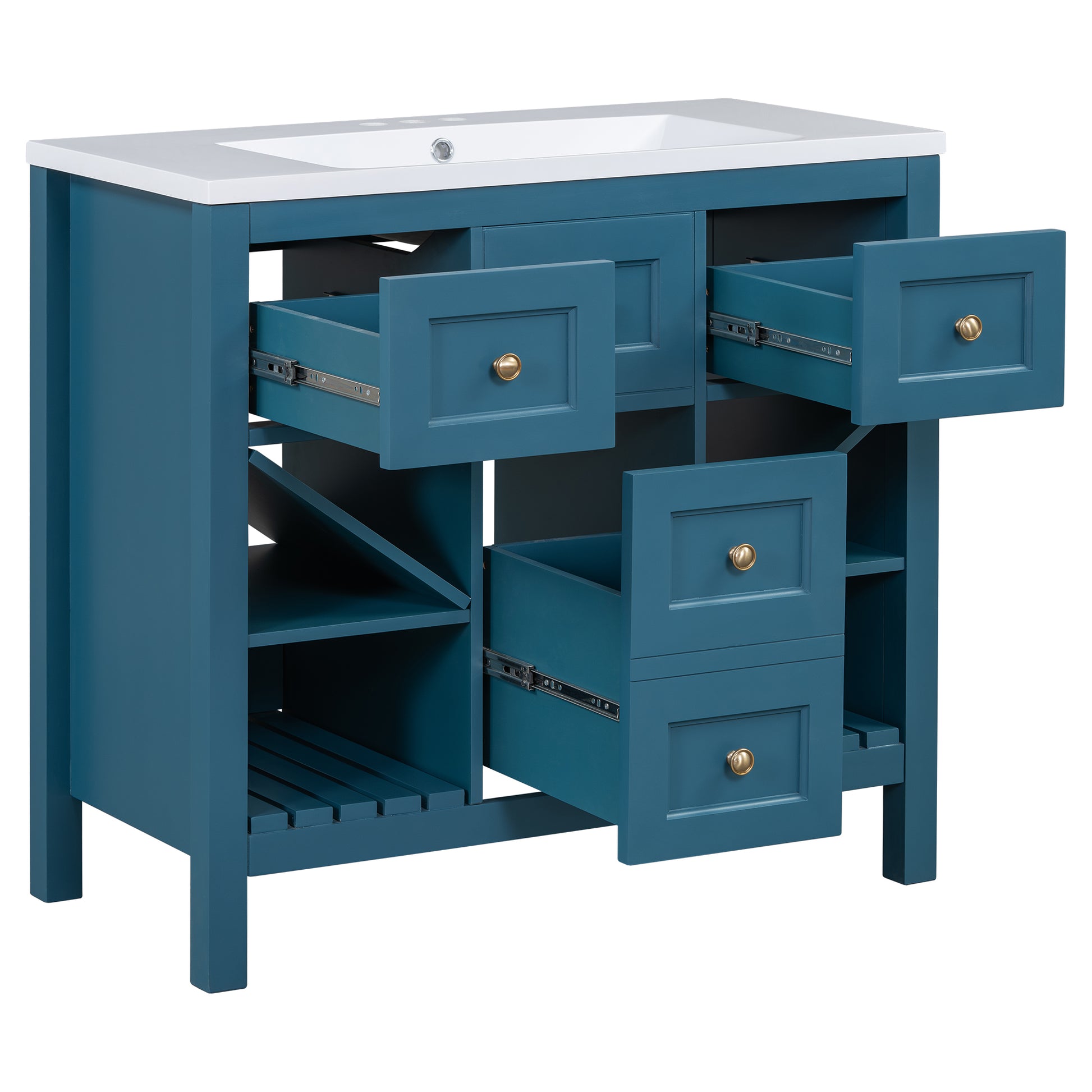 36'' Bathroom Vanity With Resin Sink Combo, Solid Wood Frame Bathroom Storage Cabinet, Freestanding Vanity Set With 5 Drawers& Soft Closing Doors Same As Sw000141Aam Blue Bathroom Solid Wood Mdf Resin