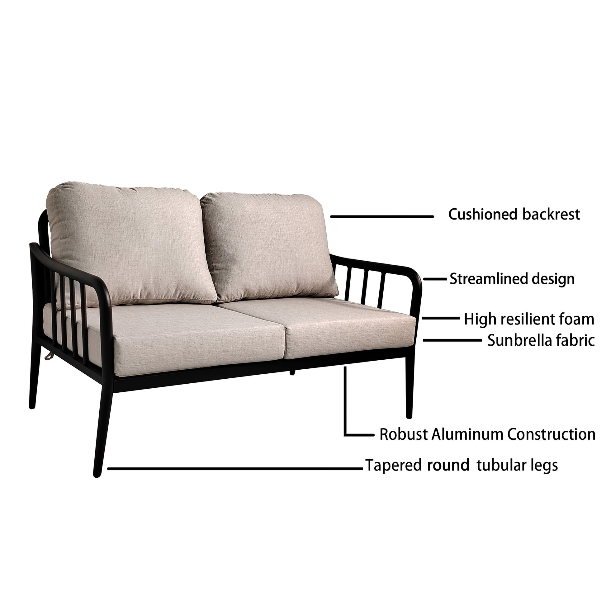 2Pc Outdoor Aluminum Patio Furniture, Modern Loveseat Sofa Conversation Chat Set, Sunbrella Cushions And Oval Coffee Table With White Carrara Marble Look Sintered Stone Top, Ember Black Yes Deep Seating Ember Black Rust Resistant Frame Fade Resistant