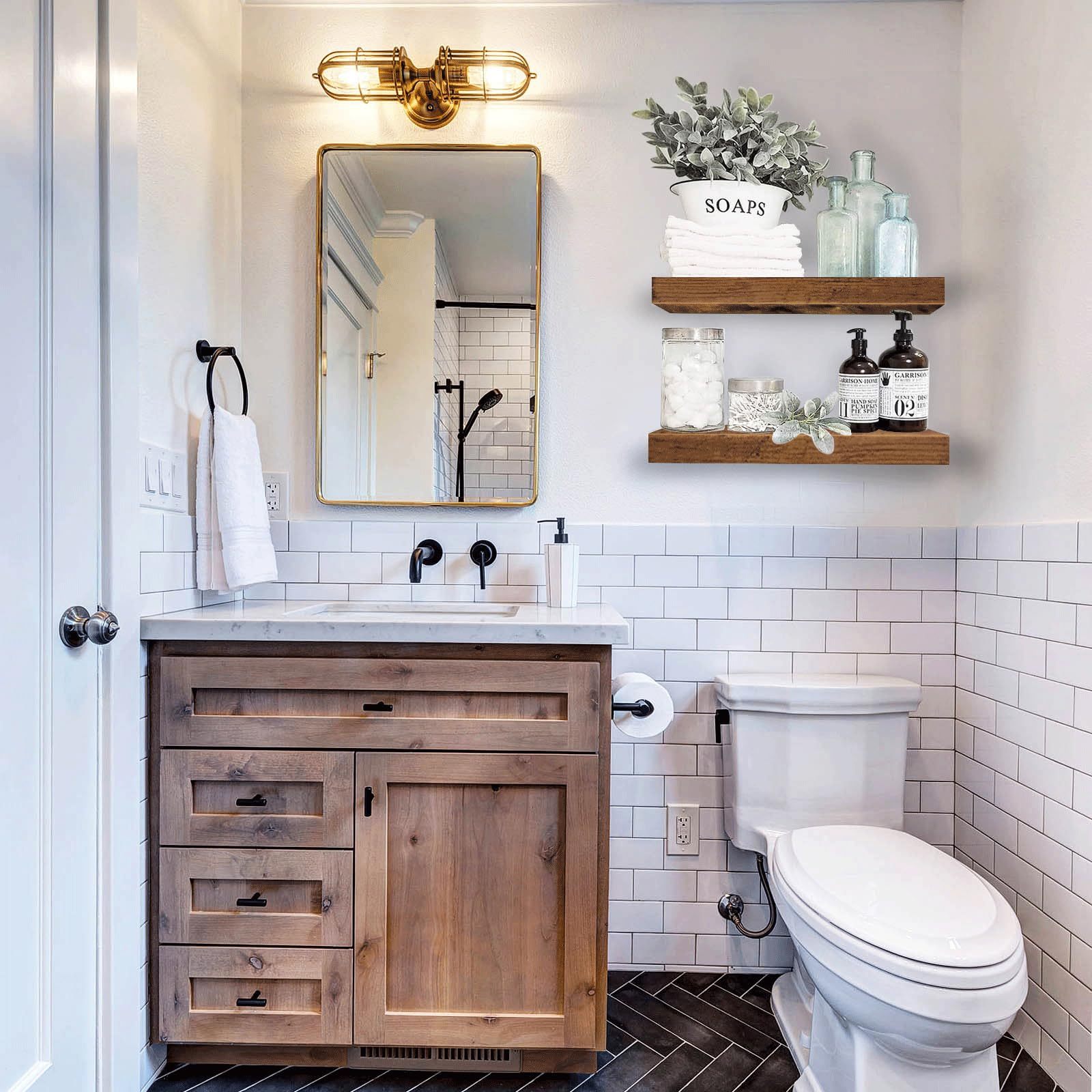 Bathroom Shelves Floating Shelves For Wall Shelf Over Toilet Small Wall Mounted Farmhouse Decor 16 Inch Set Of 2, Rustic Brown Rustic Brown Fiberboard