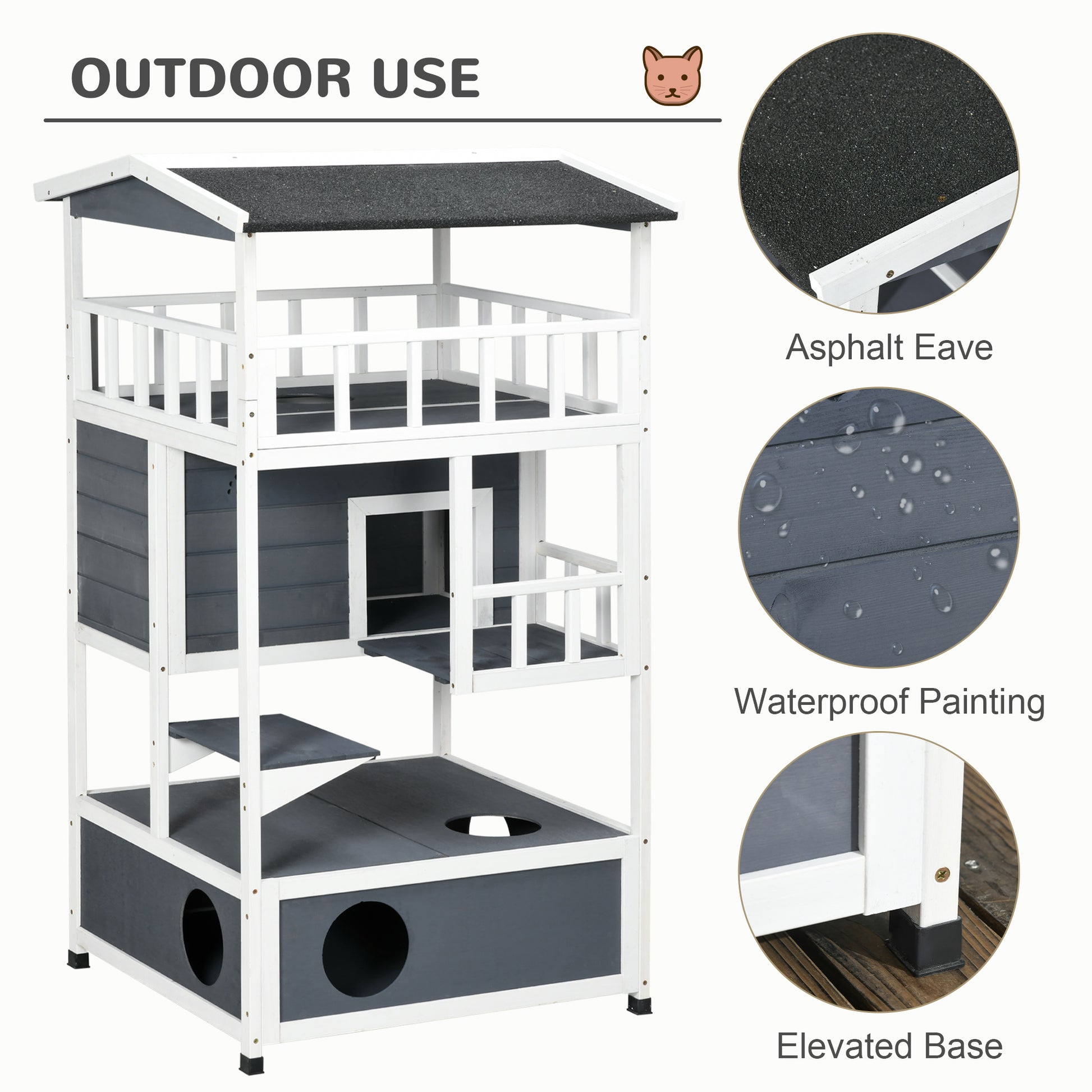 Pawhut Wooden Outdoor Cat House, Feral Cat Shelter Kitten Tree With Asphalt Roof, Escape Doors, Condo, Jumping Platform, Grey Grey Wood