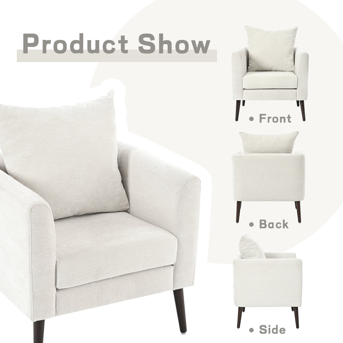 Barrel Chair, Chenille Accent Chair, Fabric Armchair Club Chair,Upholstered Arm Chair With Solid Wood Legs,Waist Pillow,Padded Single Chair For Living Room Bedroom Study Waiting Room,Beige Beige Light Brown Primary Living Space Modern Rubberwood Foam