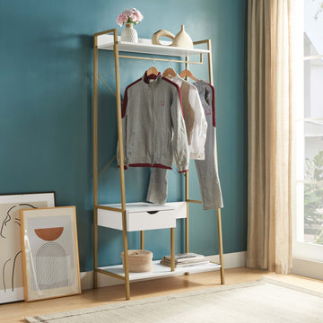 White Clothes Rack With Metal Frame And Open Shelves In White And Gold White Gold Mdf