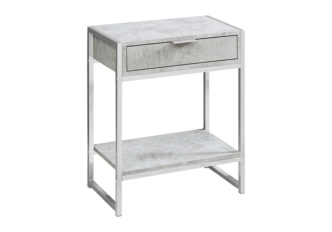 Accent Table, Side, End, Nightstand, Lamp, Storage Drawer, Living Room, Bedroom, Grey Laminate, Chrome Metal, Contemporary, Modern Grey Particle Board