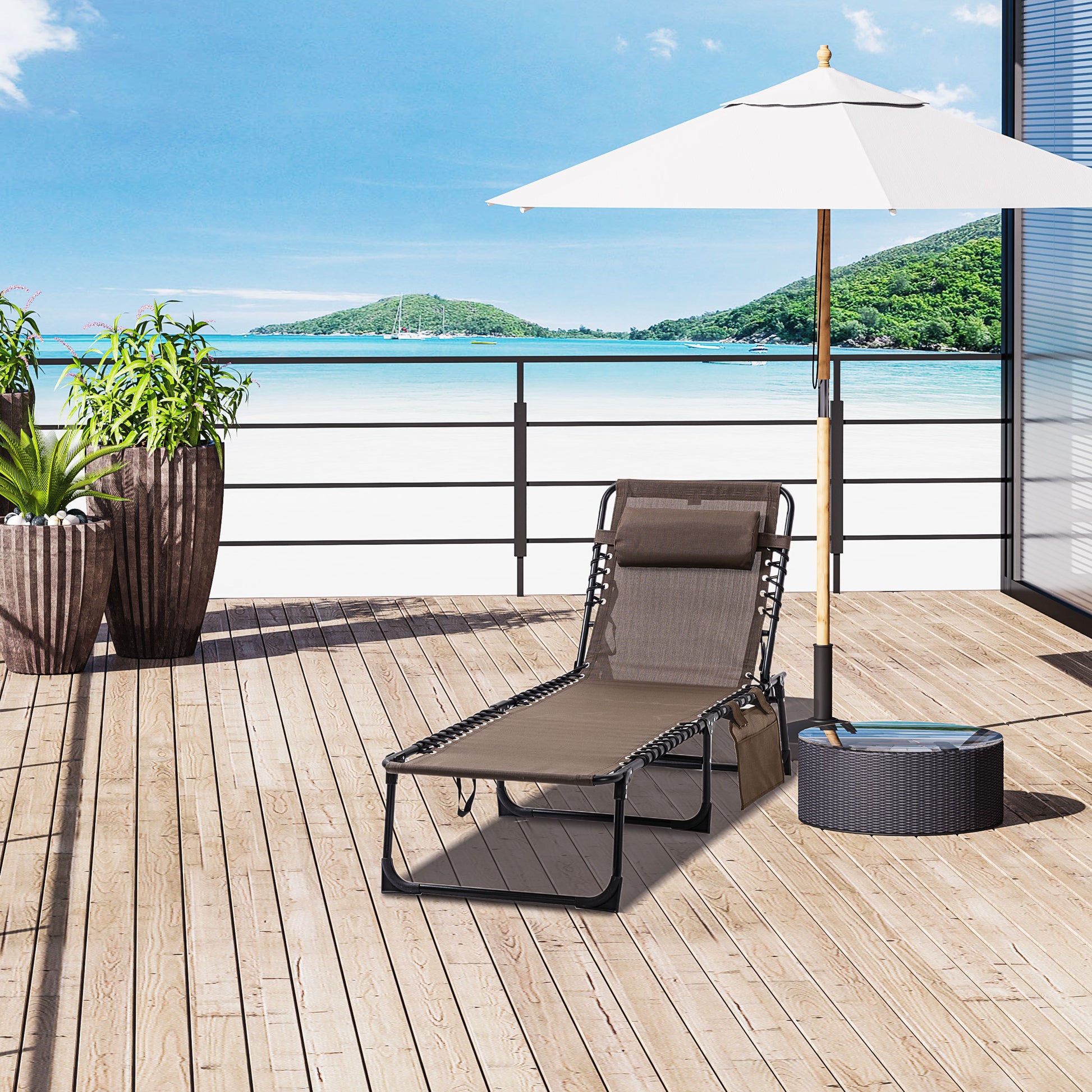 Outsunny Reclining Chaise Lounge Chair, Portable Sun Lounger, Folding Camping Cot, With Adjustable Backrest And Removable Pillow, For Patio, Garden, Beach, Brown Brown Fabric