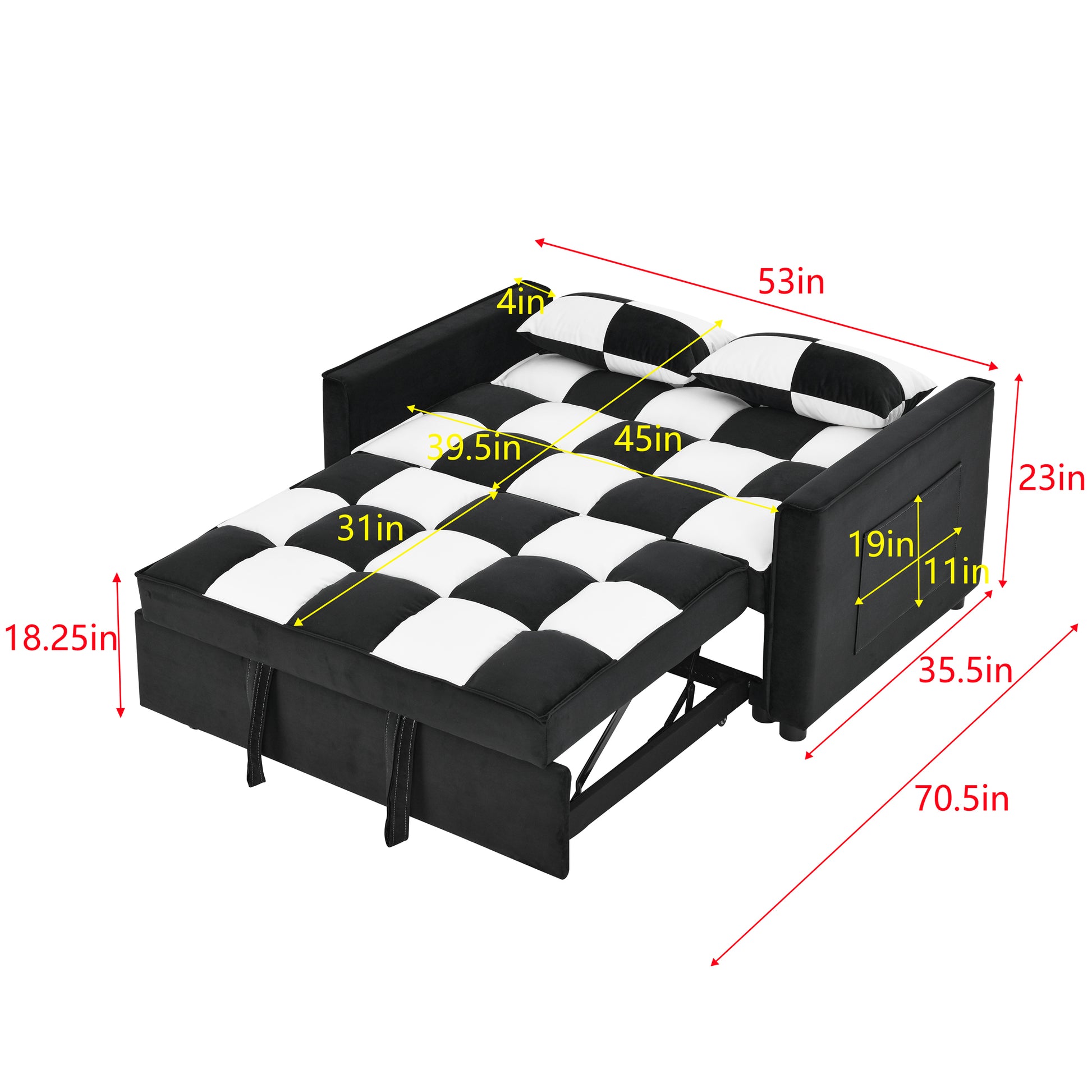 Modern Velvet Seat Sofa Couch Pull Out Bed,3 In One Convertible For Living Room Sofa Bed,Black White Black White Velvet Primary Living Space Cushion Back Medium Soft Medium Duty American Design Pillow Top Arms Foam Velvet 2 Seat
