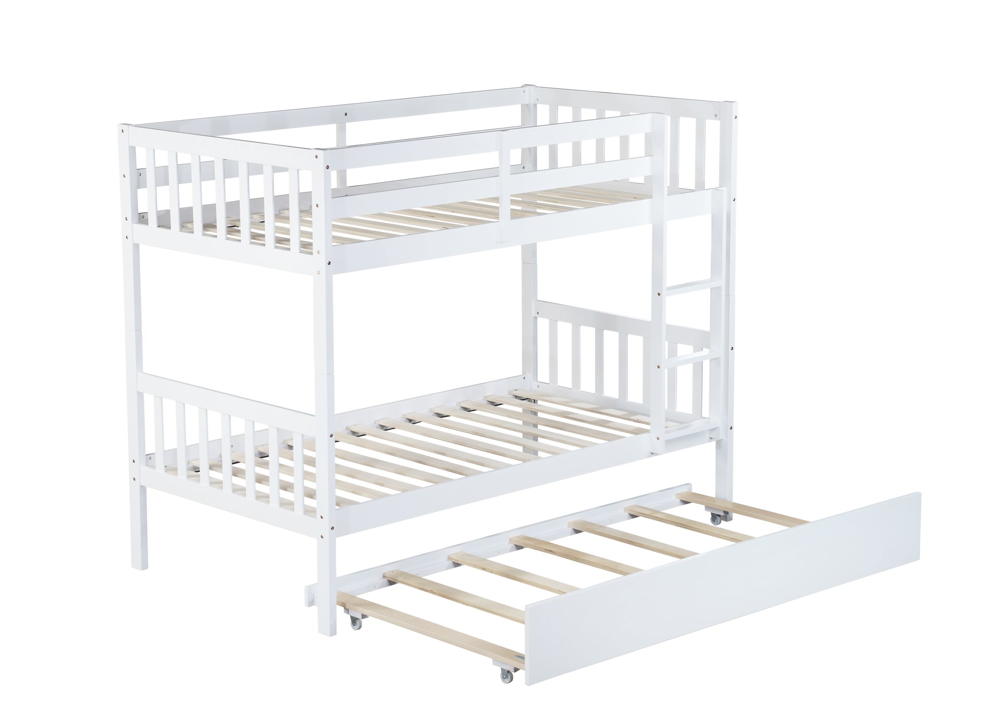 Twin Over Twin Rubber Wood Bunk Bed With Trundle, Convertible Into 2 Twin Size Beds, Twin Size Bunk Bed With Ladder And Safety Guardrails, White Twin White Rubber Wood