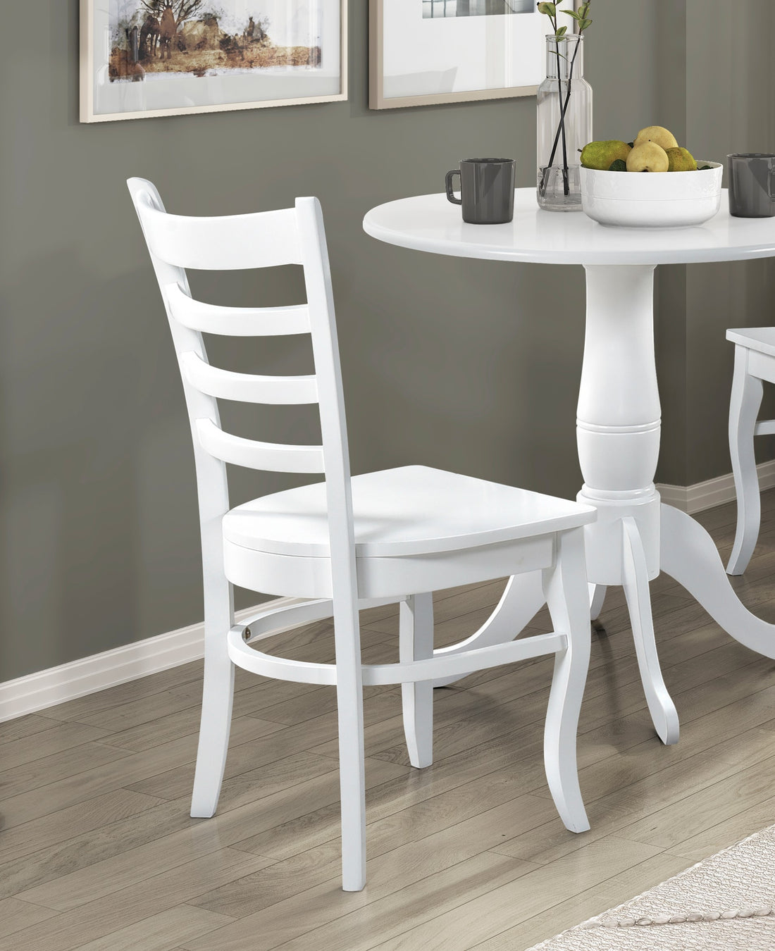 White Finish 3Pc Set Round Table And Two Chairs Set Wooden Ladder Back Casual Farmhouse Style Kitchen Dining Room Furniture Wood Wood White Ladder Back Seats 2 Wood Dining Room Casual,Farmhouse