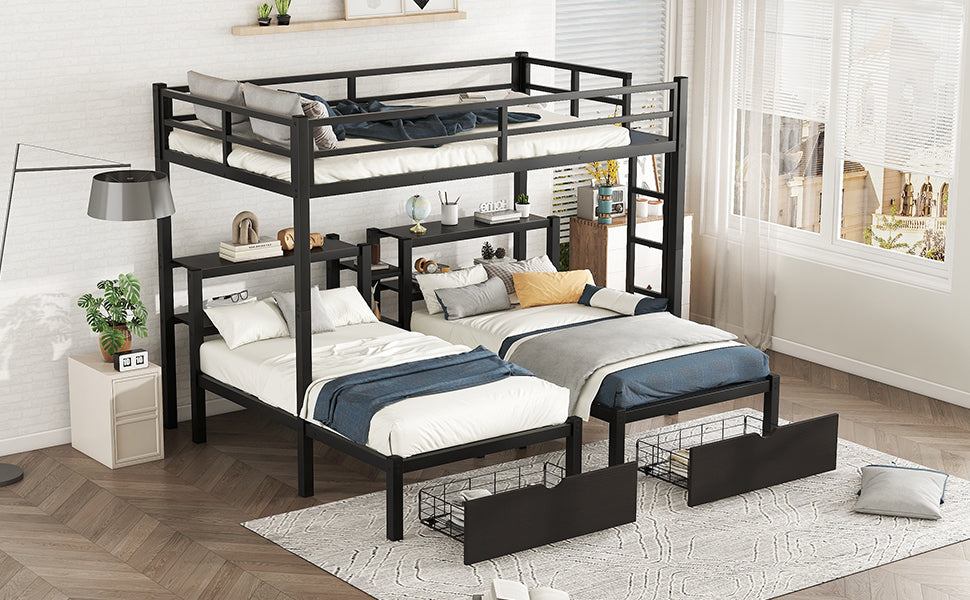 Full Xl Over Twin & Twin Triple Bunk Bed With Drawers,Multi Functional Metal Frame Bed, Bed Head With Shelving, Black Full Xl Black Metal