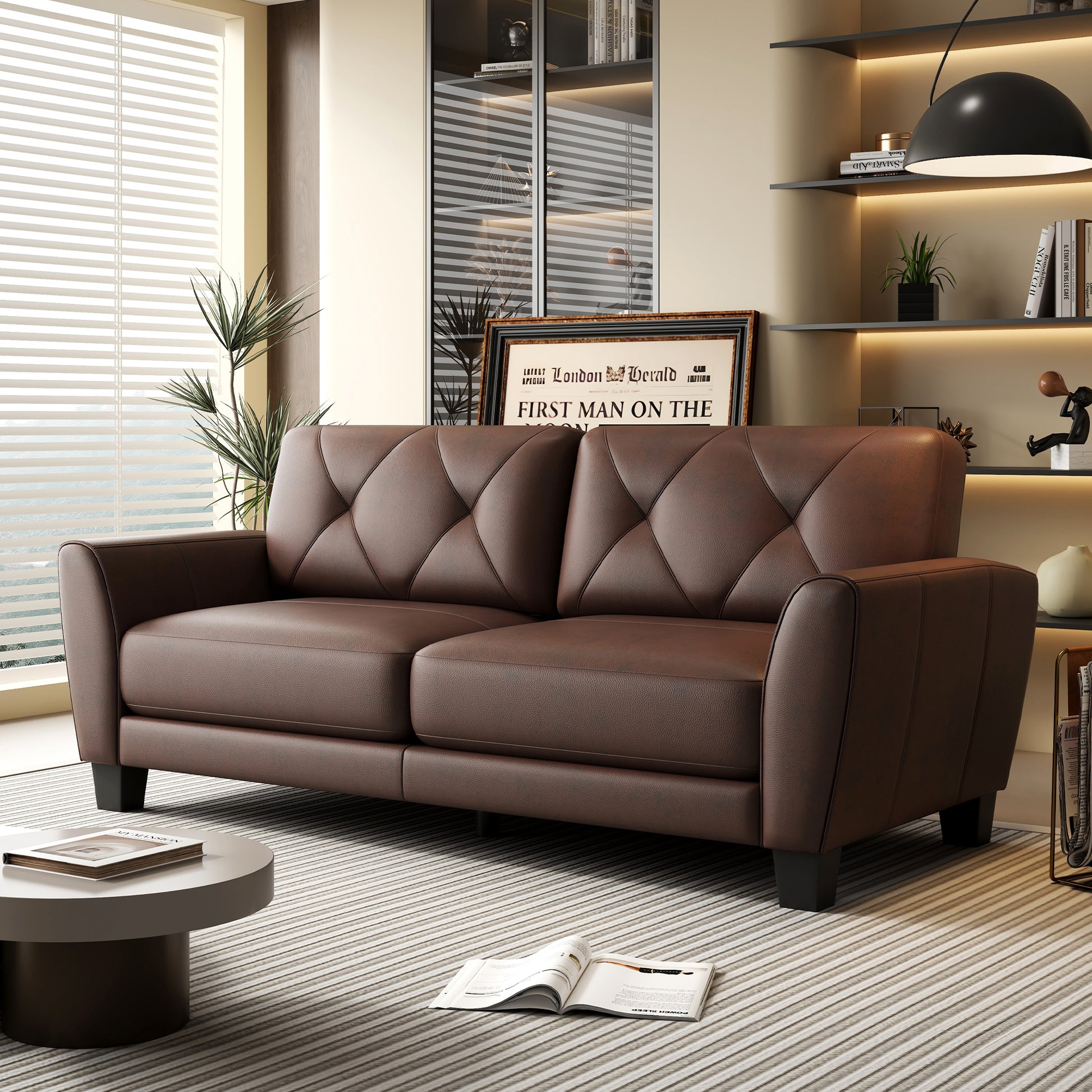 82" Genuine Leather Match Two Over Two Sofa Living Room Coach Transitional Sofa Honey Brown Brown Mix Wood Primary Living Space American Design Foam Genuine Leather 2 Seat