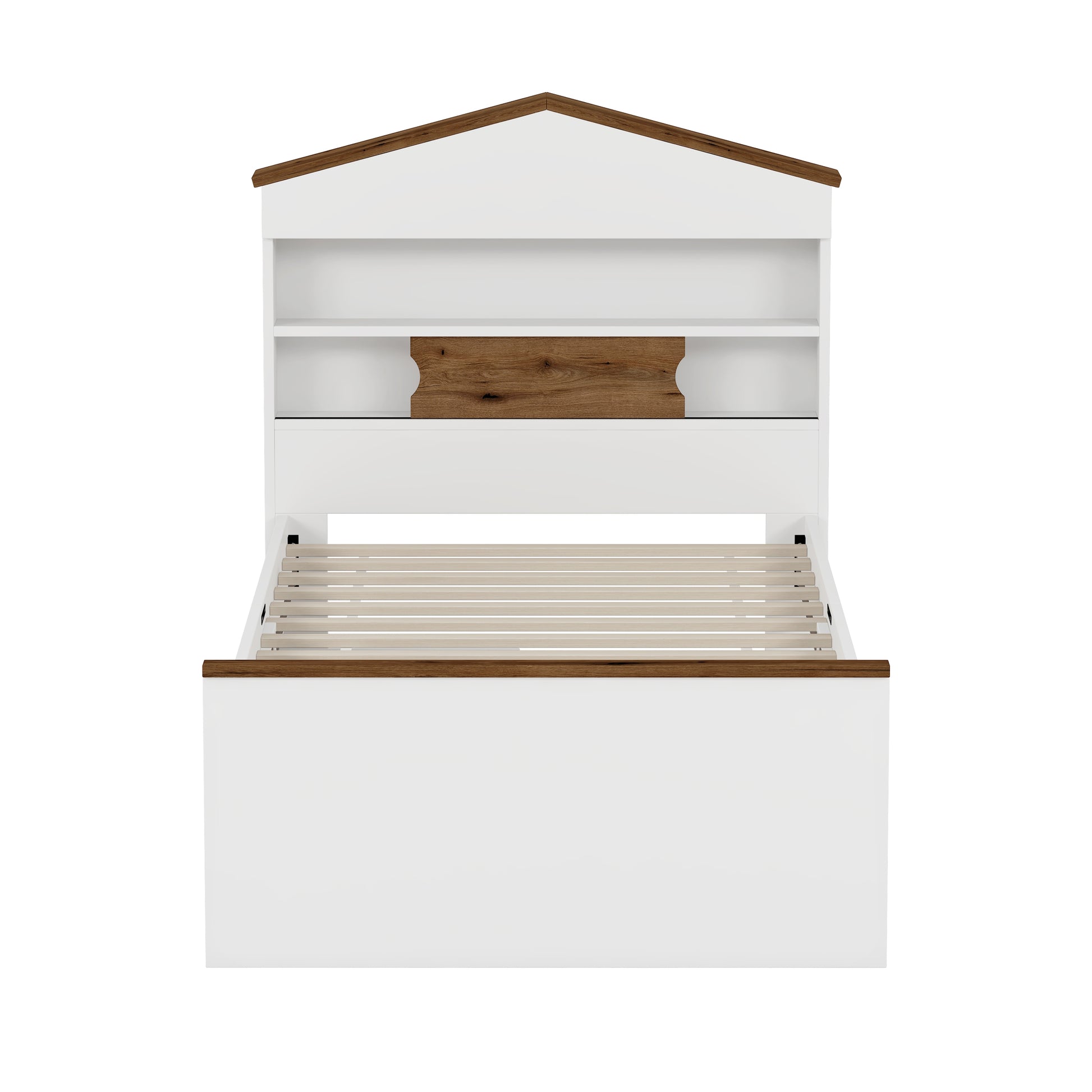 Twin Size House Shaped Wooden Bed With Storage Shelf On The Headboard, Built In Two Storage Drawers, Brown Brown White Wood