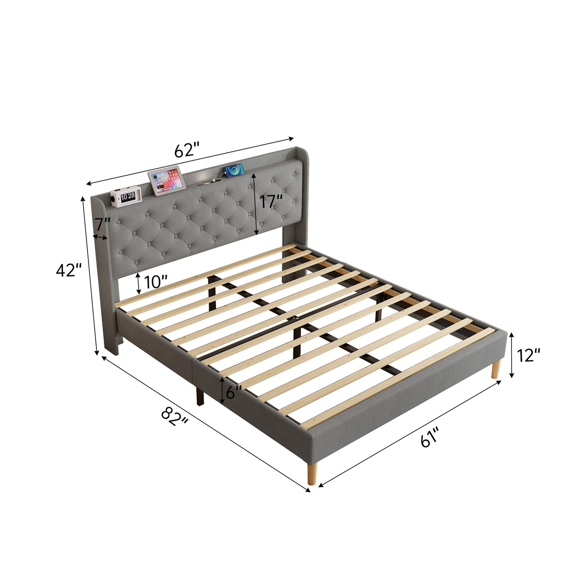 Queen Size Bed, Mesh Backboard Beautiful, With Led Lights, Cotton And Linen Fabric, Frame Stability, Easy To Assemble,Dark Gray Queen Dark Gray Mdf Acacia