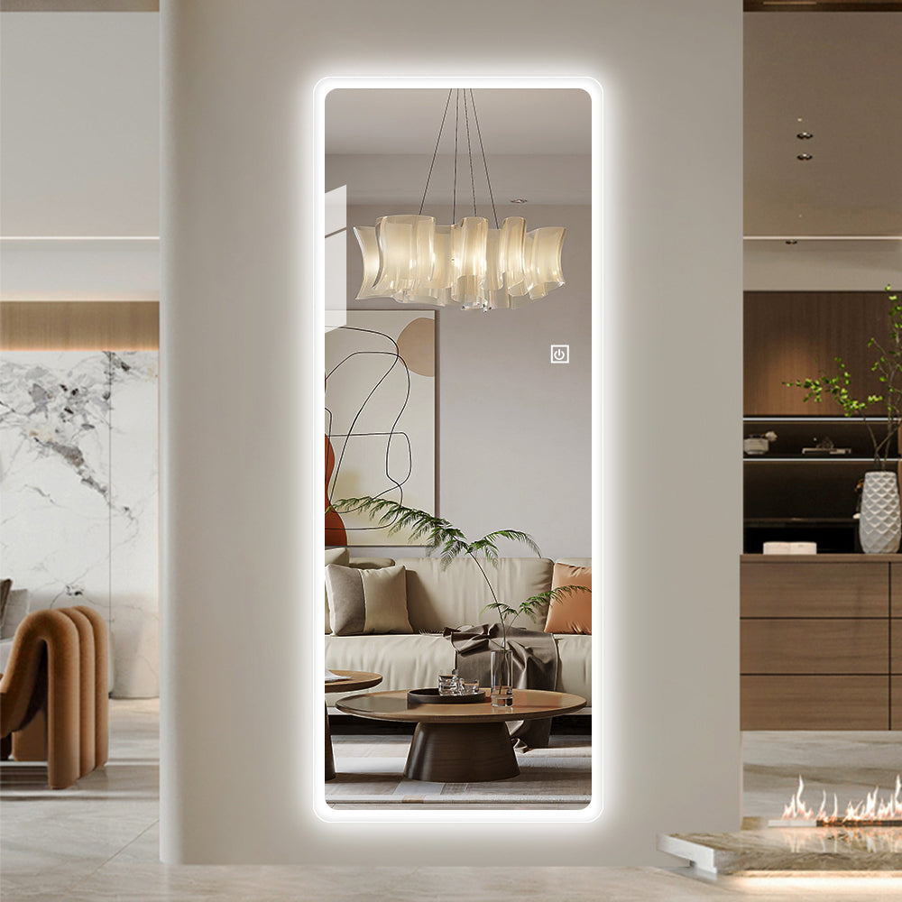 65X22Inch Full Body Mirror With Lights Full Length Mirror Wall Hanging Type Suitable For Bedrooms, Dimming And 3 Color Lighting Silver Modern Glass