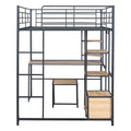 Full Size Loft Bed With Desk And Stool, Metal Loft Bed With Open Style Wardrobe, Shelves And Cabinet, Black Full Black Metal & Wood