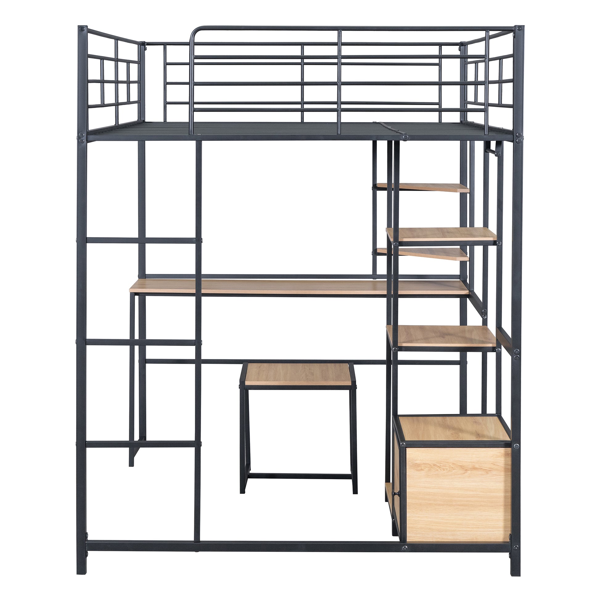 Full Size Loft Bed With Desk And Stool, Metal Loft Bed With Open Style Wardrobe, Shelves And Cabinet, Black Full Black Metal & Wood