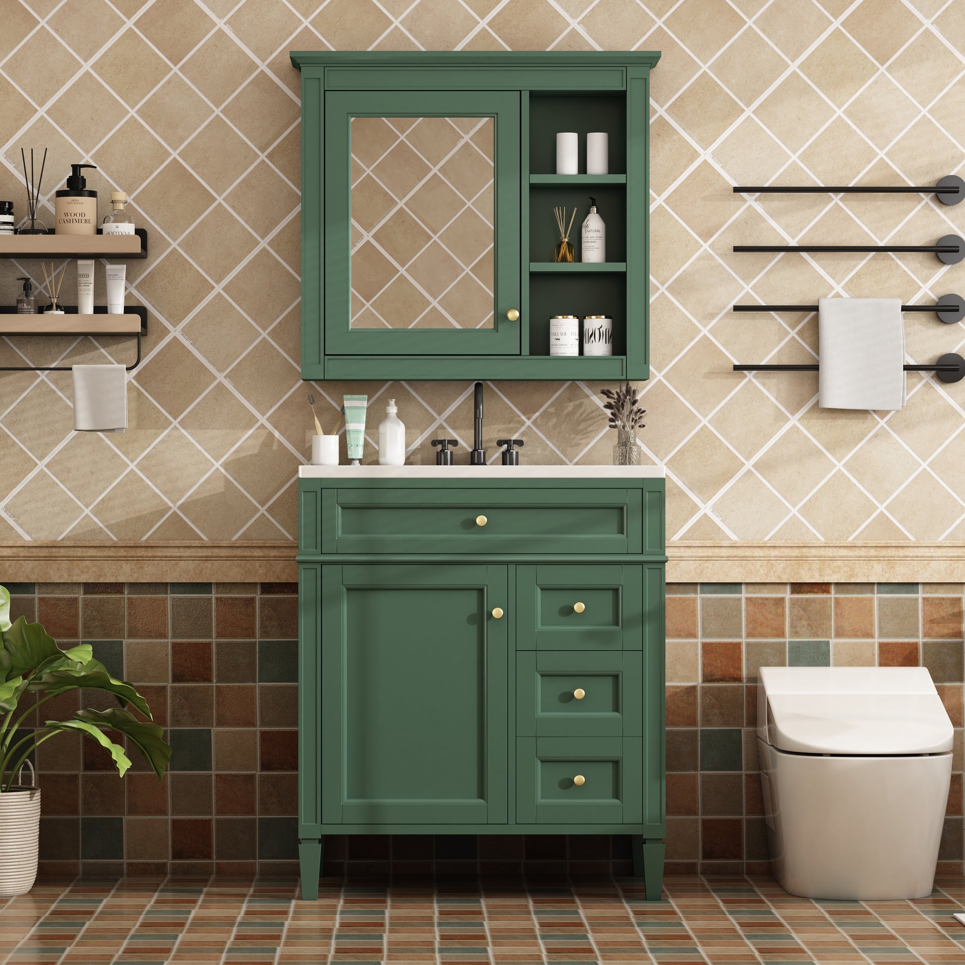 30'' Bathroom Vanity With Top Sink, Modern Bathroom Storage Cabinet With 2 Drawers And A Tip Out Drawer, Freestanding Vanity Set With Mirror Cabinet, Single Sink Bathroom Vanity 3 Green 2 4 Adjustable Hinges Bathroom Freestanding Solid Wood Mdf Resin