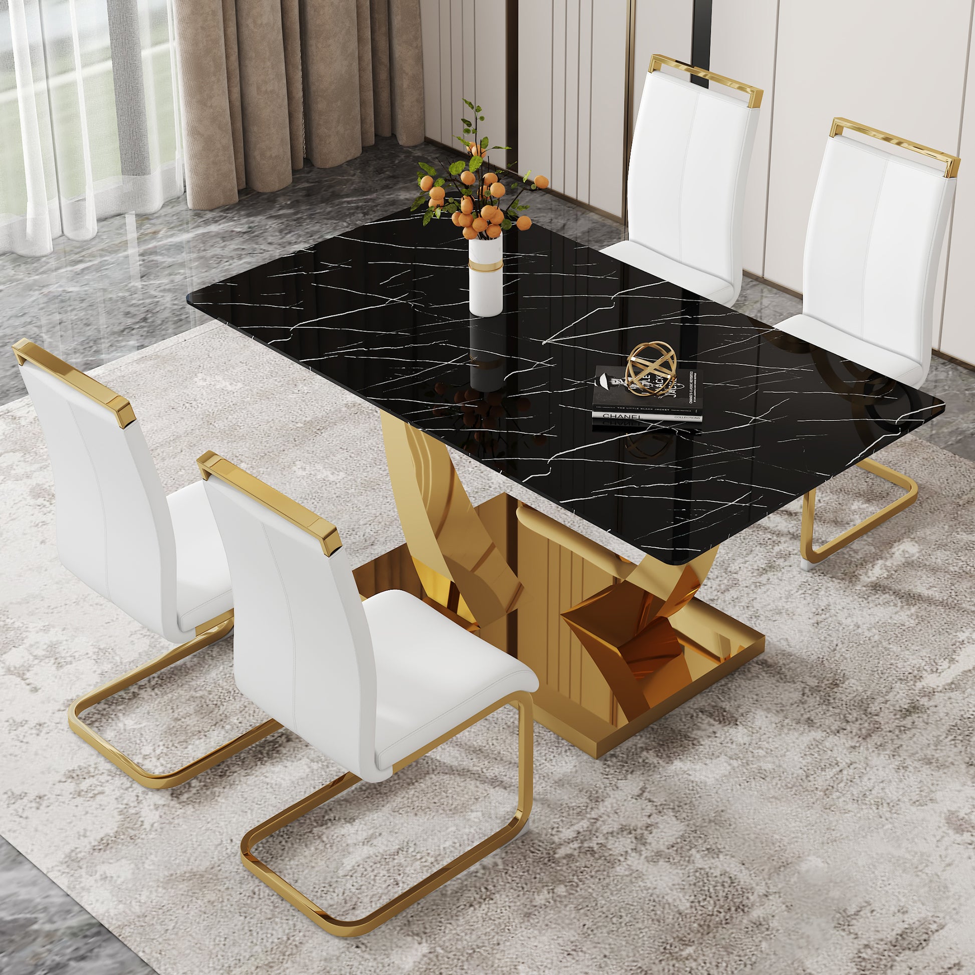 Table And Chair Set.Modern Rectangular Dining Table With Black Textured Stickers Glass Tabletop And Gold Plated Metal Legs.Paried With 4 Comfortable Chairs With Pu Seats And Golden Metal Legs. White Gold Seats 4 Glass Metal