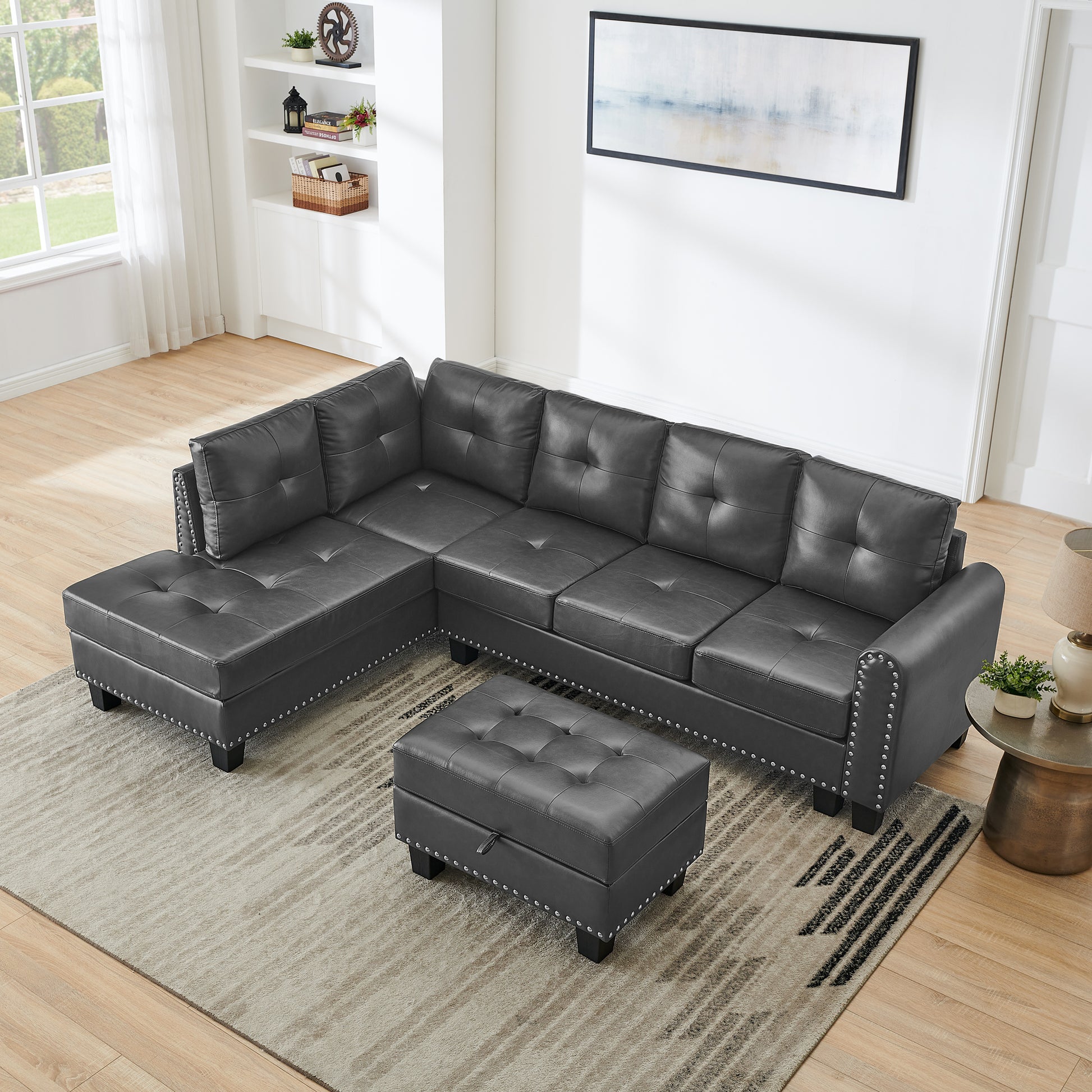 Sectional 3 Seaters Sofareversible Recliner, Storage Pad And Wood Grain Cup Holder, Non Slip Leg, Pu, Grey Gray Pu 3 Seat