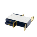 Modern Navy Blue Coffee Table With 2 Glass Door Storage, 4 Drawers, Gold Metal Legs, And Multi Color Lighting In 47.2'' Navy Blue Drawers Mdf
