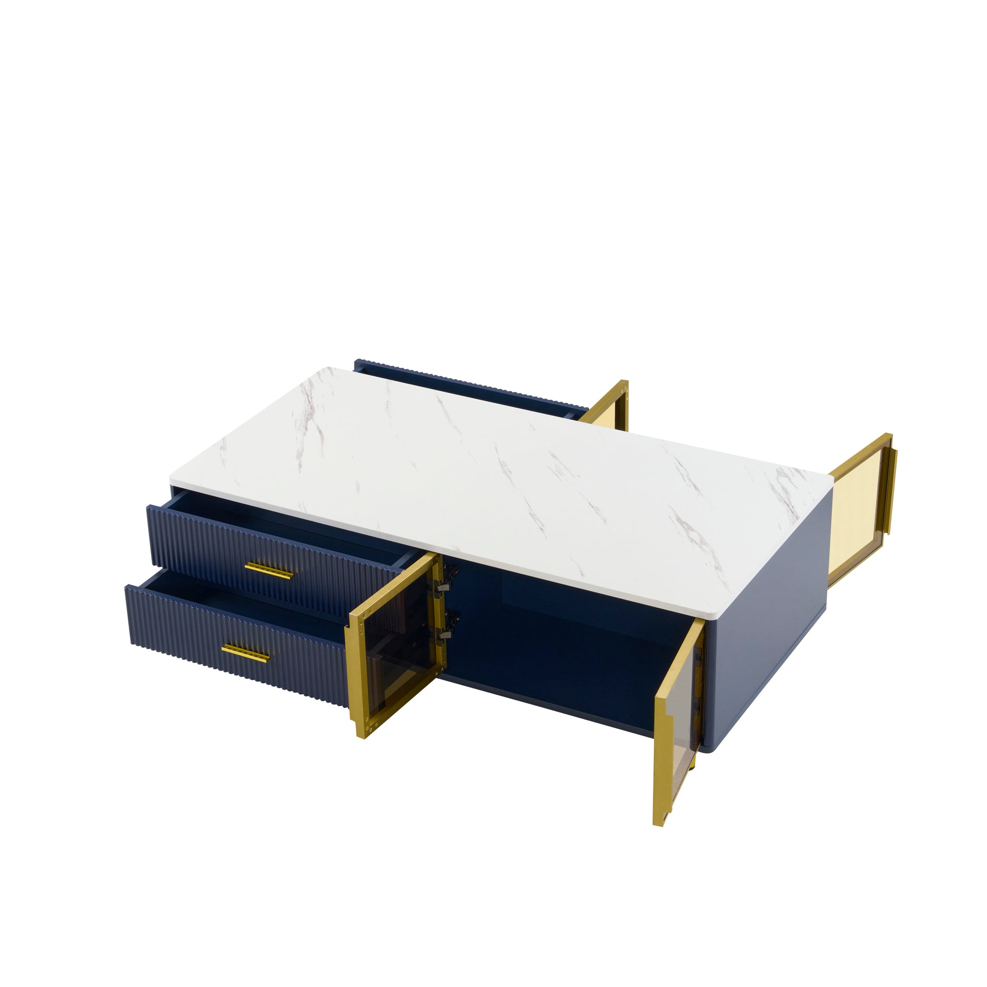 Modern Navy Blue Coffee Table With 2 Glass Door Storage, 4 Drawers, Gold Metal Legs, And Multi Color Lighting In 47.2'' Navy Blue Drawers Mdf