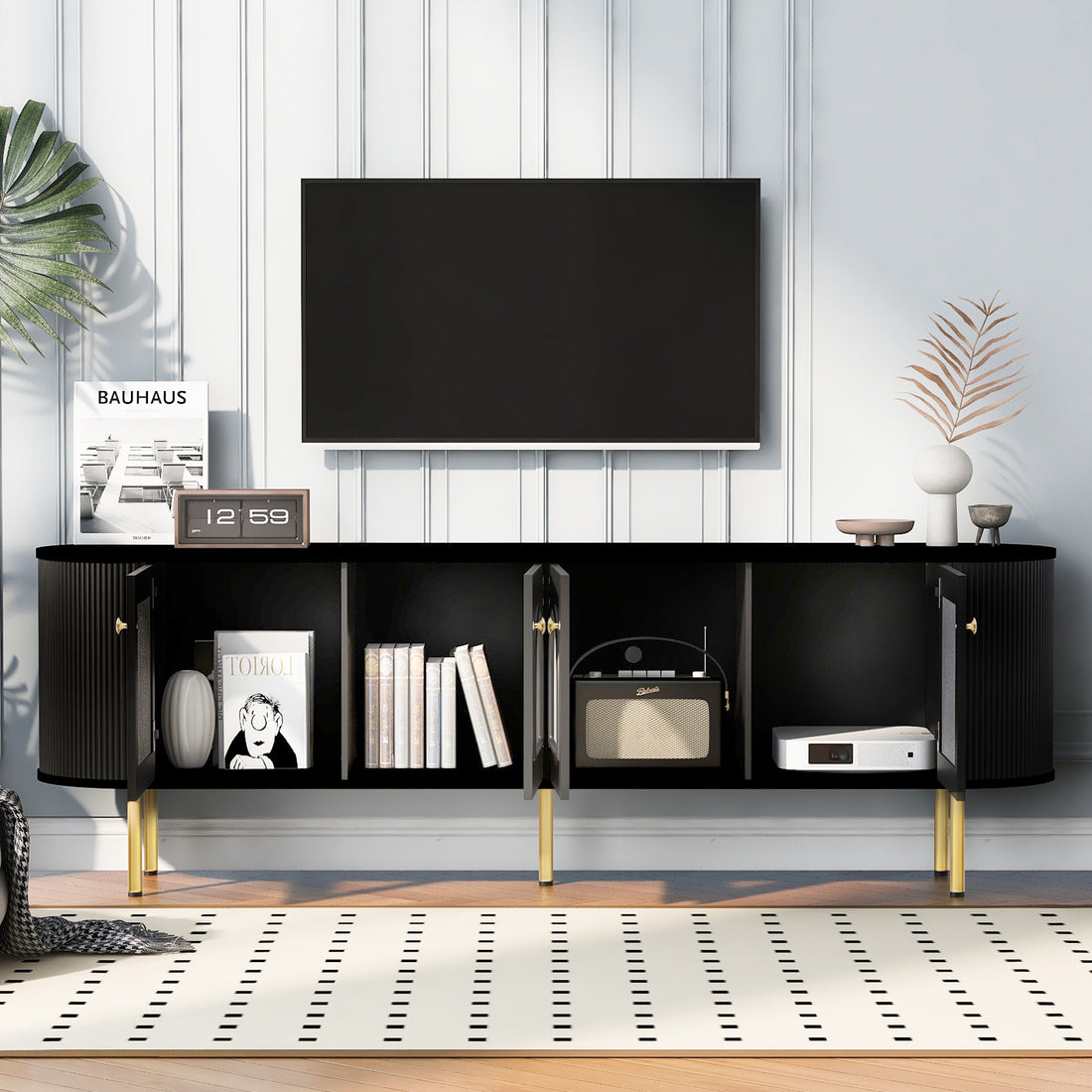 Modern Tv Stand For Tvs Up To 80 Inches, Entertainment Center With 4 Cabinets, Wood Media Console With Metal Legs And Handles For Living Room, Black Black 70 79 Inches Mdf