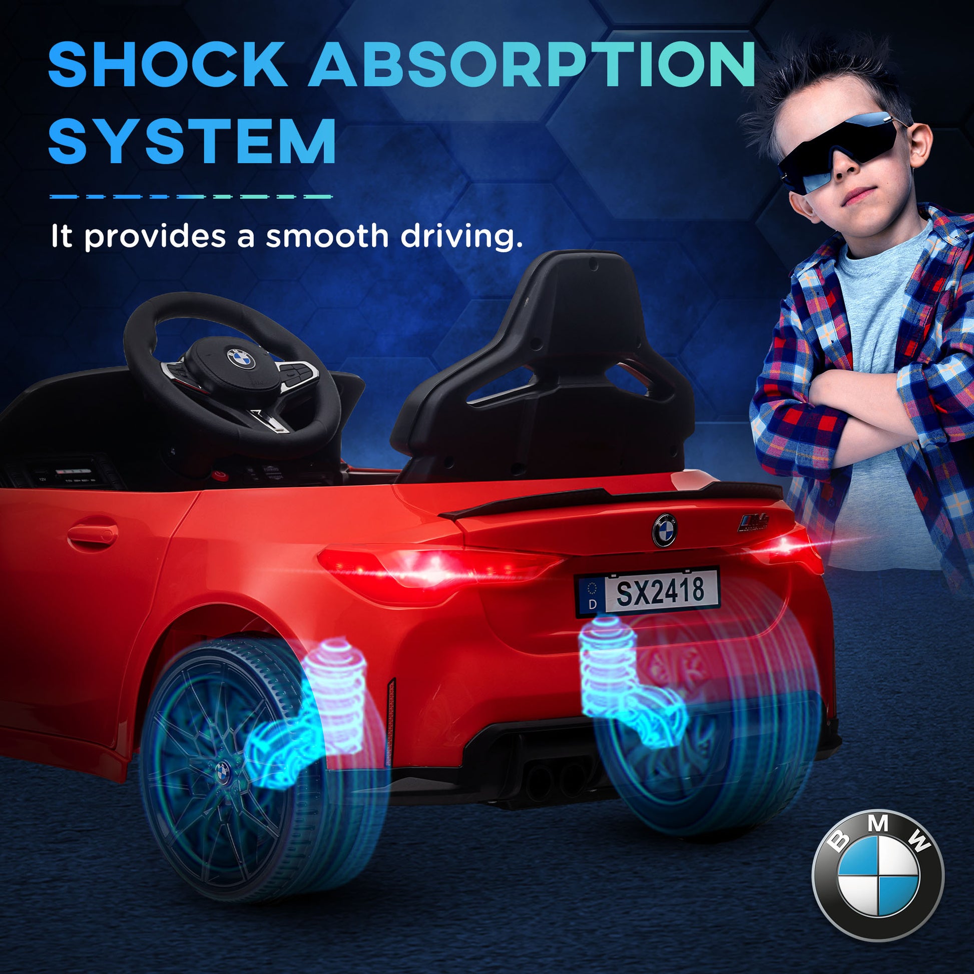 Qaba Bmw M4 Licensed Kids Electric Car, 12V Ride On Car With Parent Remote Control, Suspension, Handle Attachment, Battery Powered Kids Car With Led Lights, Music, Soft Start, Red Red Plastic