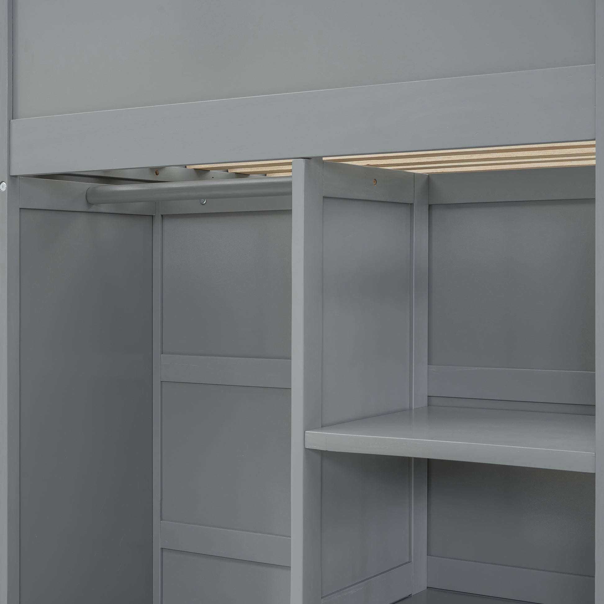 Twin Size Loft Bed With Desk, Wardrobes, 4 Drawers And 4 Shelves Gray Twin Gray Solid Wood