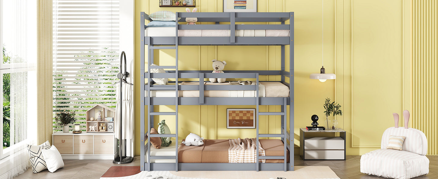 Triple Rubber Wood Bunk Bed With Two Built In Ladders, Guardrails, Twin Over Twin Over Twin, Detachable Triple Twin Bunk Bed,Grey Twin Grey Bedroom American Design Bed Frame Rubber Wood