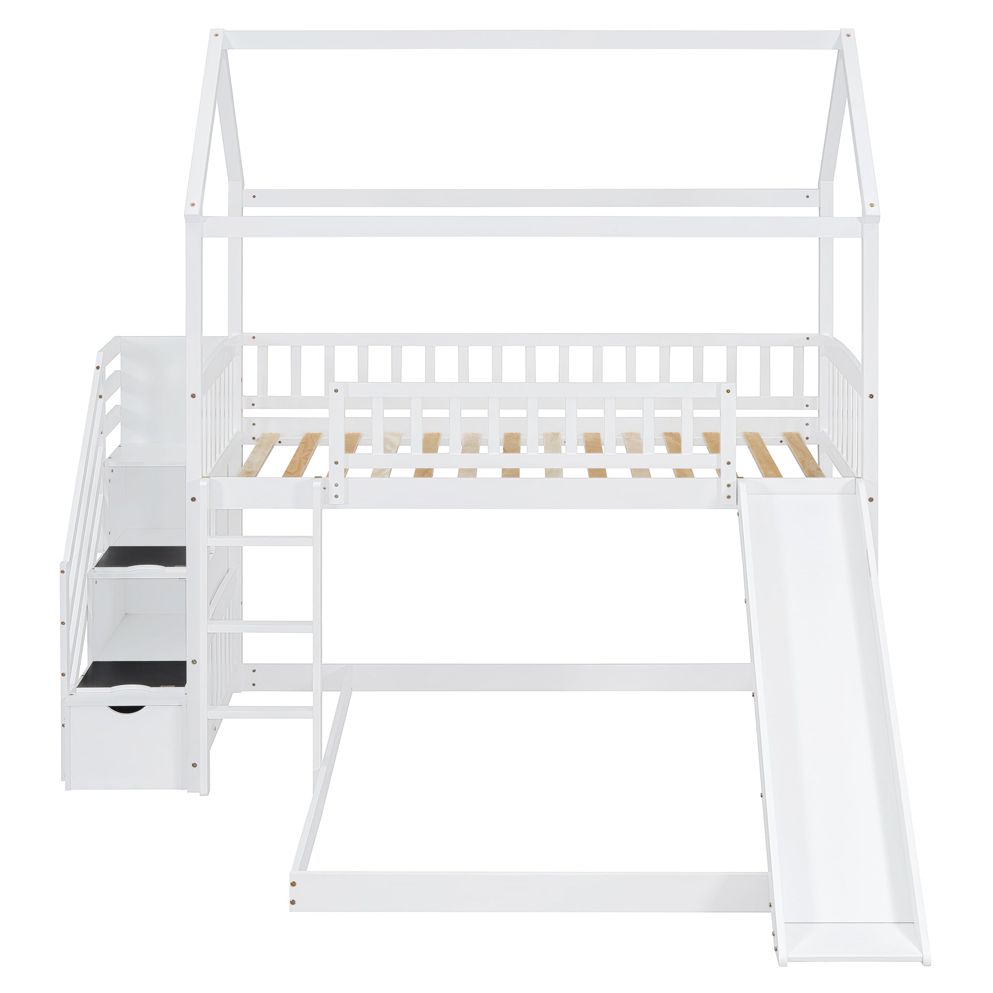 Twin Over Twin Bunk Bed With Two Drawers And Slide, House Bed With Slide, White Old Sku :Lt000129Aak White Pine