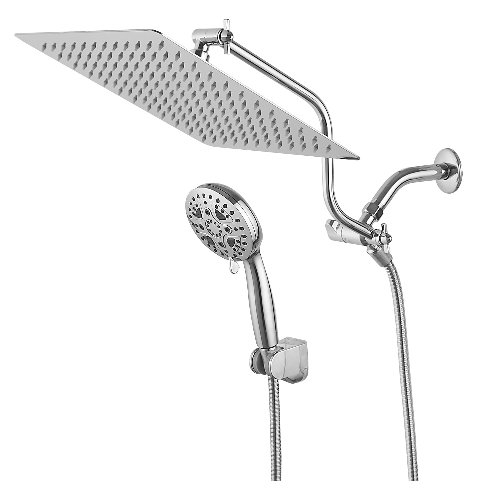 Chrome Shower System 12 Inch Bathroom Luxury Rain Mixer Shower Combo Set Wall Mounted Rainfall Shower Head And Handheld System Shower Faucet Set Chrome Bathroom Classic,Contemporary,Luxury,Modern