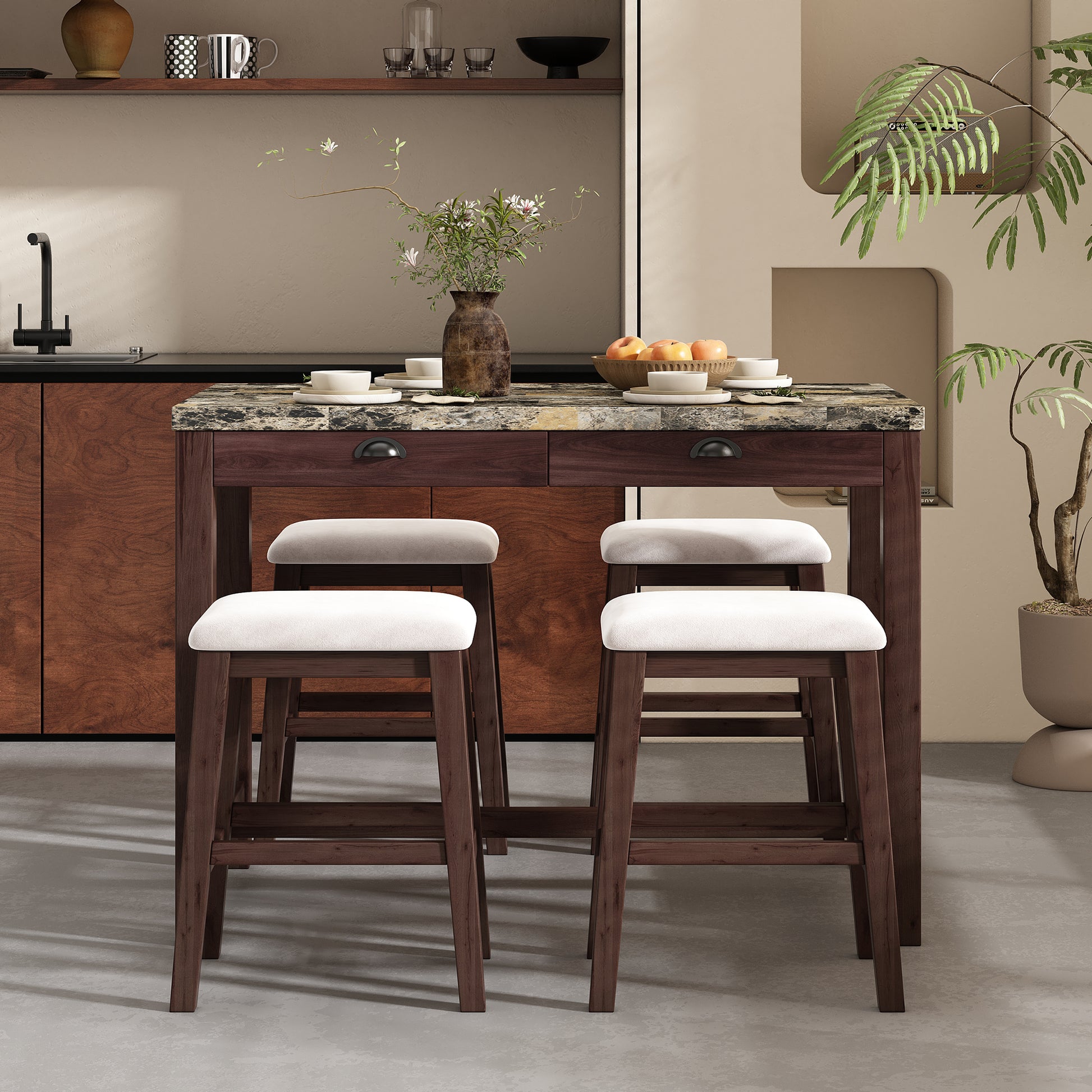 5 Piece Modern Faux Marble Versatile Bar Table Set With Storage Drawers And Padded Stools, Ideal For Space Saving Dining Nooks Or Small Kitchens Walnut Walnut Solid Wood Mdf