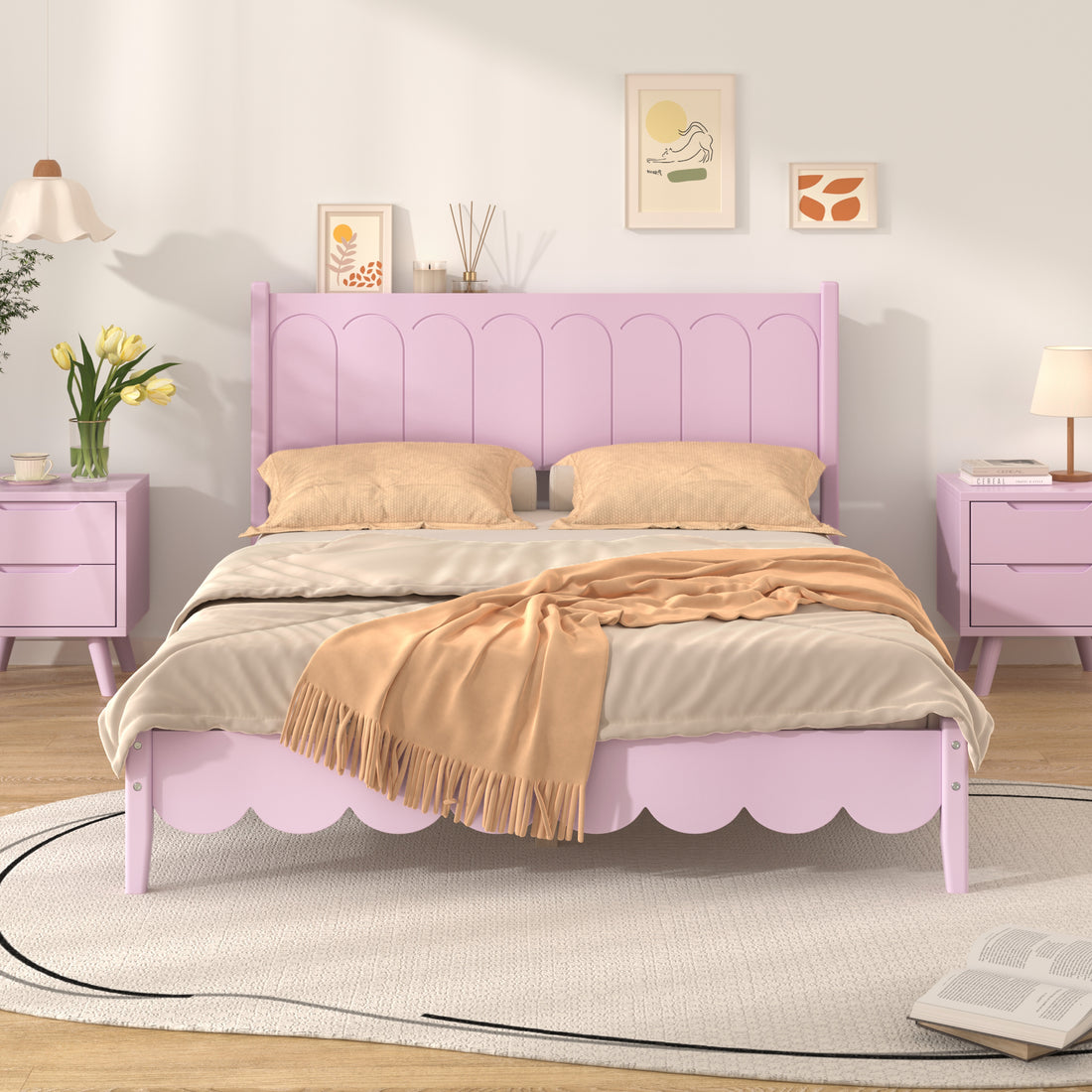 Full Size Wood Platform Bed Frame, Retro Style Bed With Rectangular Headboard,No Need Box Spring,Pink Full Pink Wood