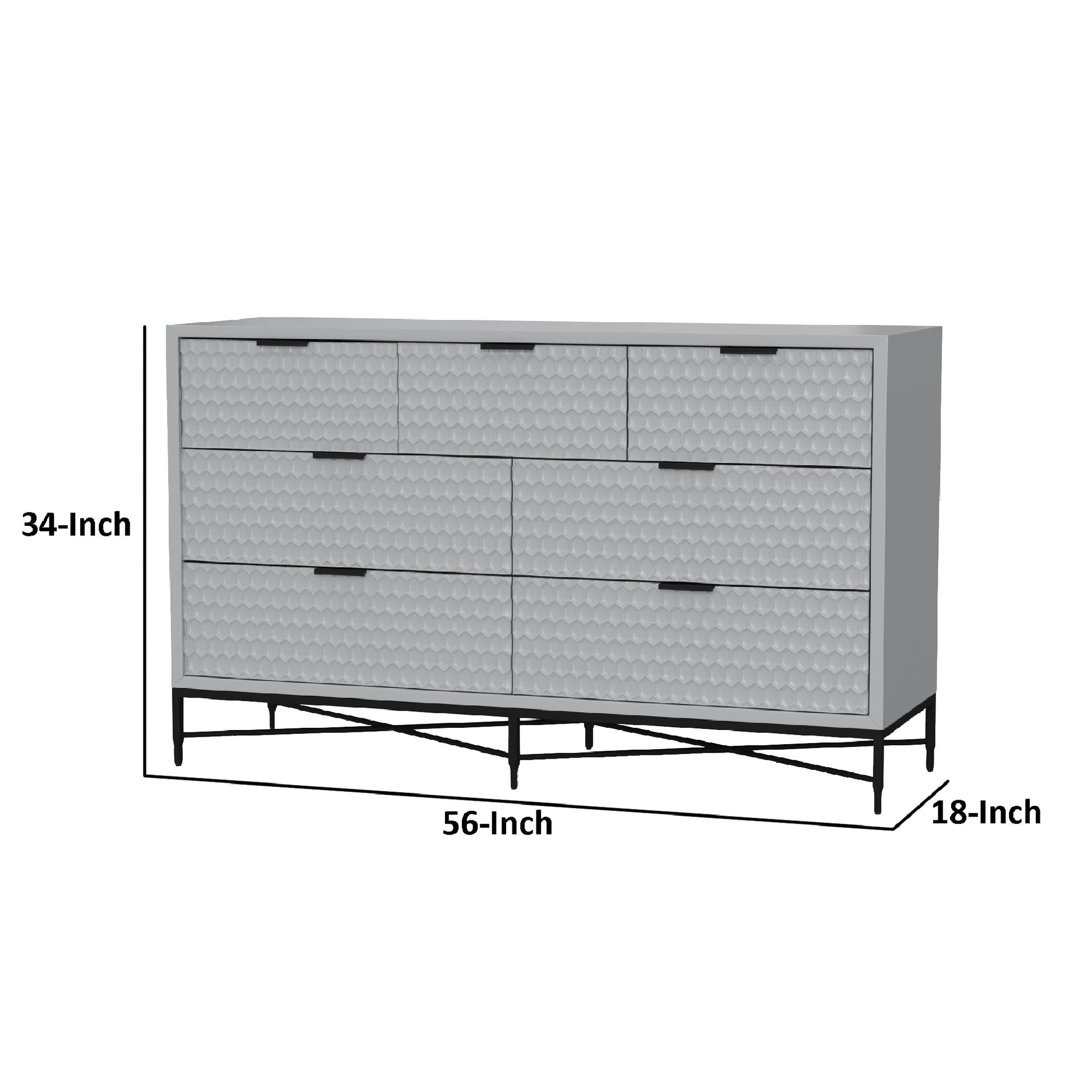 Rexi 56 Inch 7 Drawer Dresser, Honeycomb, Mahogany Wood, Light Gray, Black Black Gray Wood