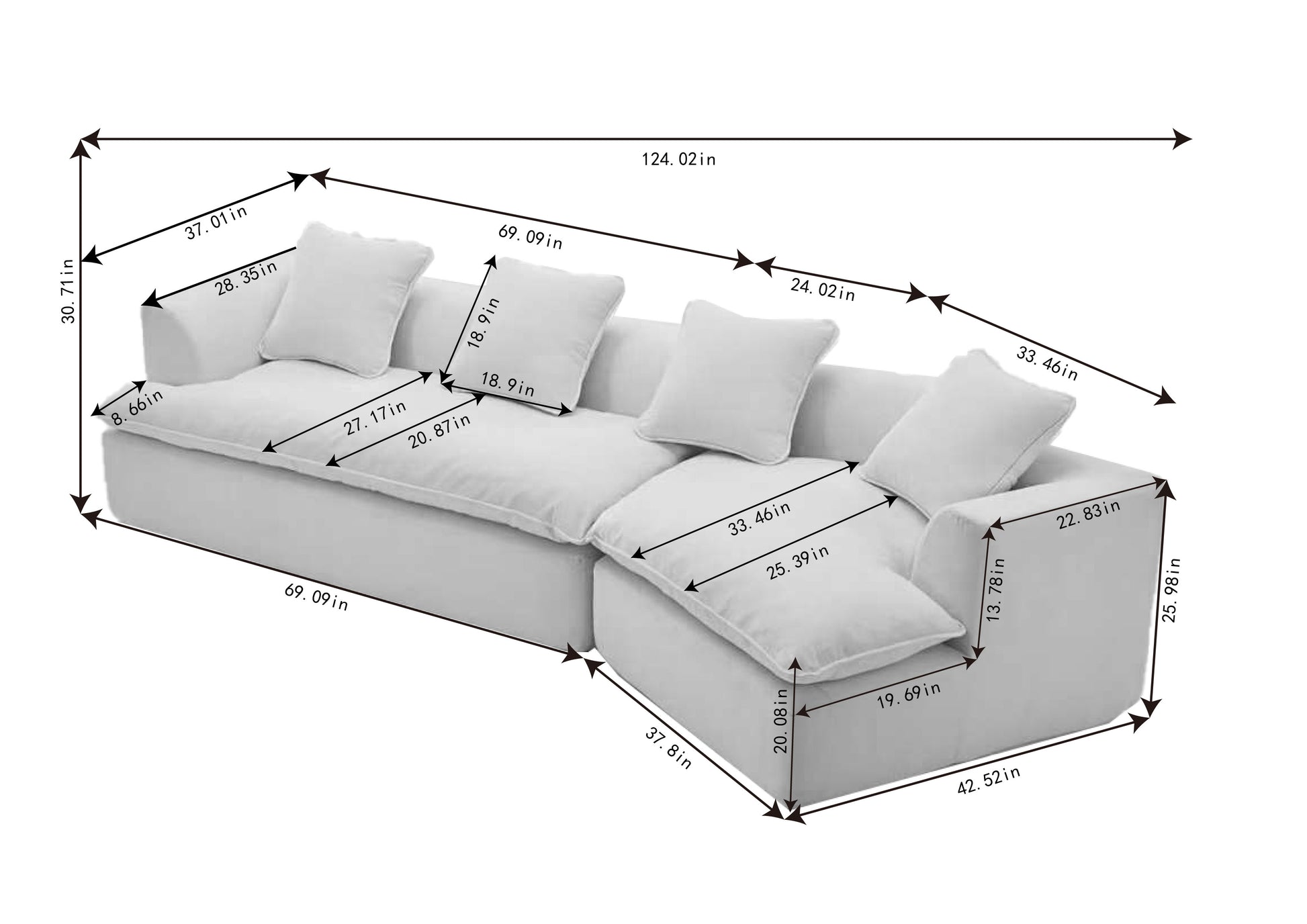 Modular Cushions Sofa Movable Ottoman, Minimalist Style Modular Sofa, ,Anti Wrinkle Fabric,Corner Low Back Deep Seat Spacious Sectional ,2 Pc Free Combination For House Apartment Living Room Sets