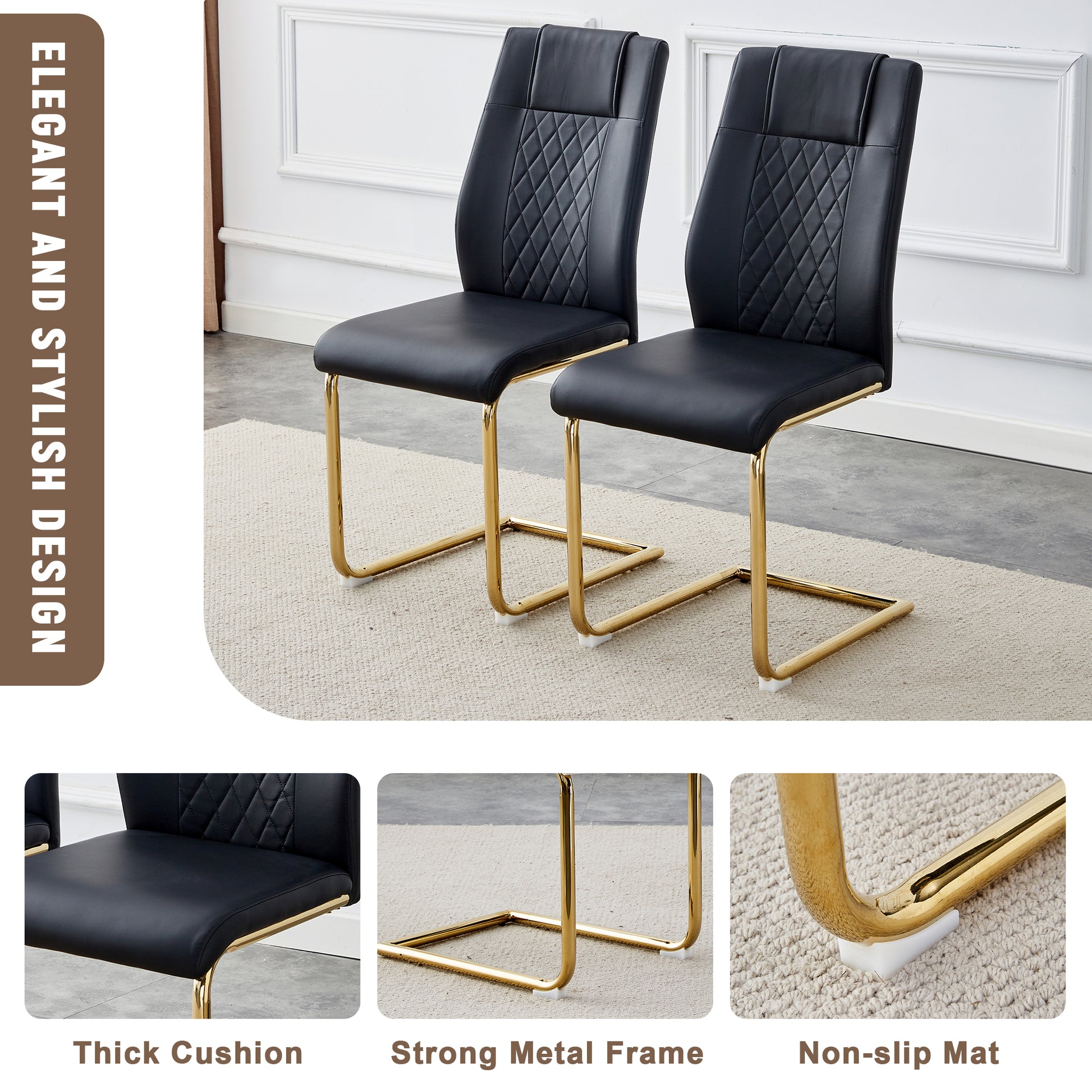 Table And Chair Set.The Table Has A Glass Tabletop With Imitation Marble Pattern Stickers And Stainless Steel Golden Table Legs. Paried With Comfortable Chairs With Pu Seats And Metal Legs. Gold Black Seats 6 Glass Metal