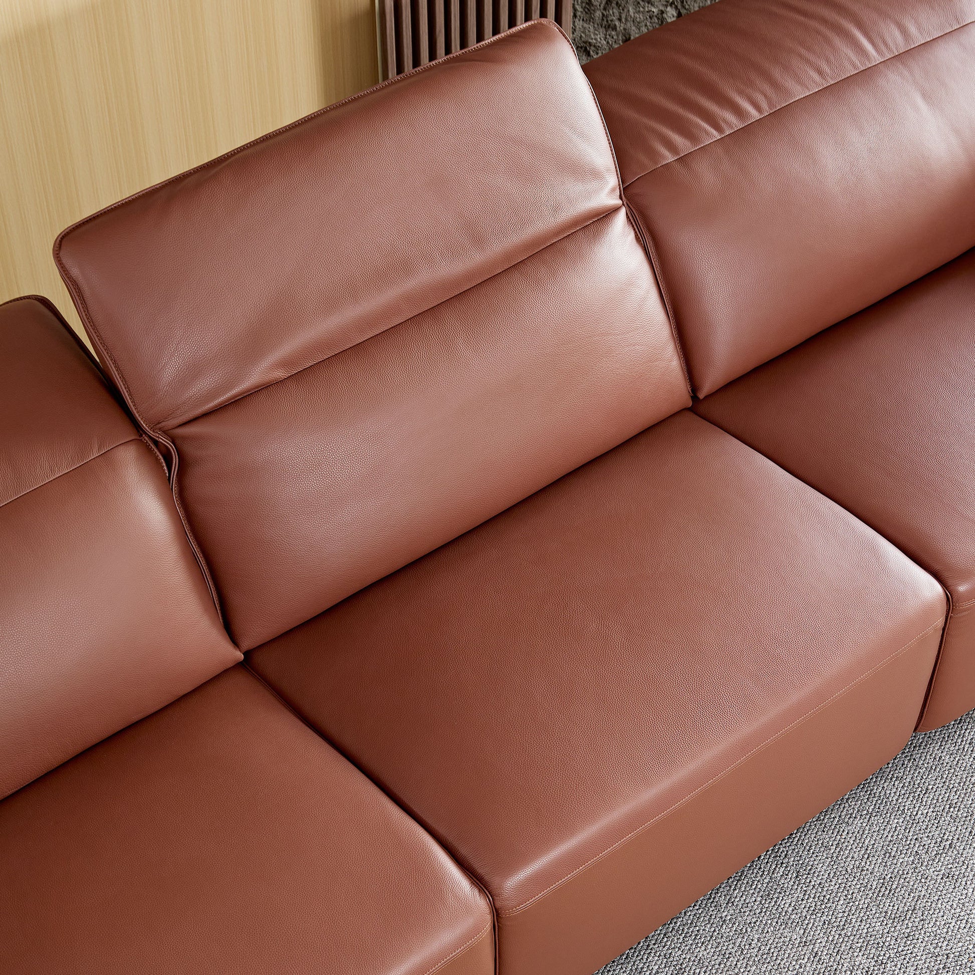Modern Simple Line Design 3 Seater Leather Sofa For Living Room, Comfy Sofa Couch With Extra Deep Seats,Adjustable Headrests Couch,Brown Brown Leather 3 Seat
