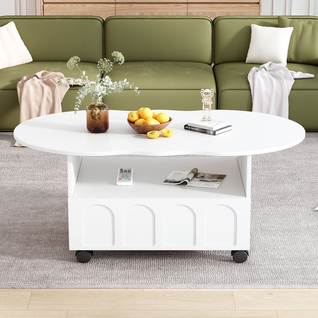 Flexible Cream Style Coffee Table With 2 Brake Wheels, Cloud Top Side Table With Drawer, Irregular Center Table With Large Storage For Living Room, White, 39.37''X 23.6'' White Particle Board